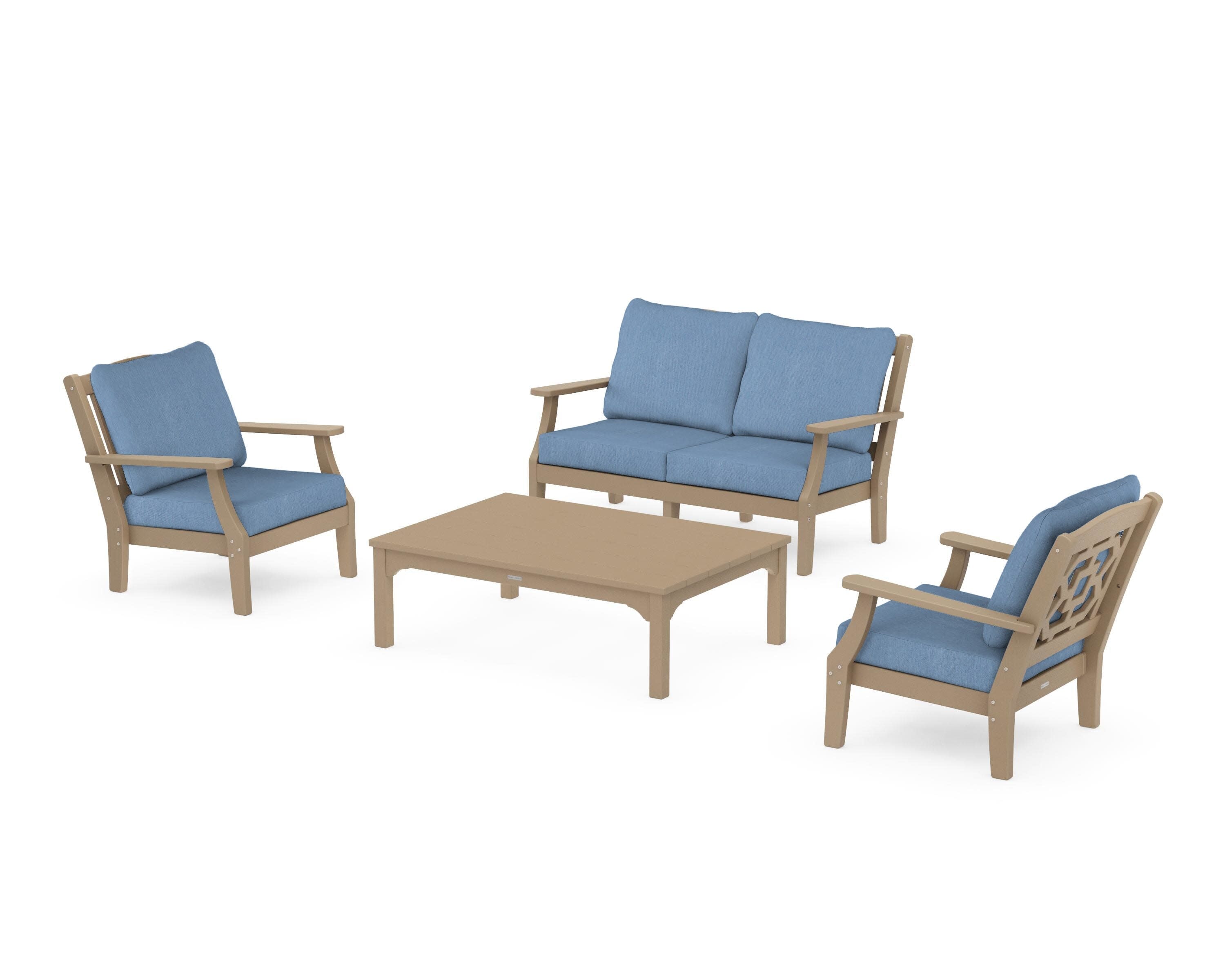 Chinoiserie 4-Piece Deep Seating Set with Loveseat in Vintage Sahara / Sky Blue