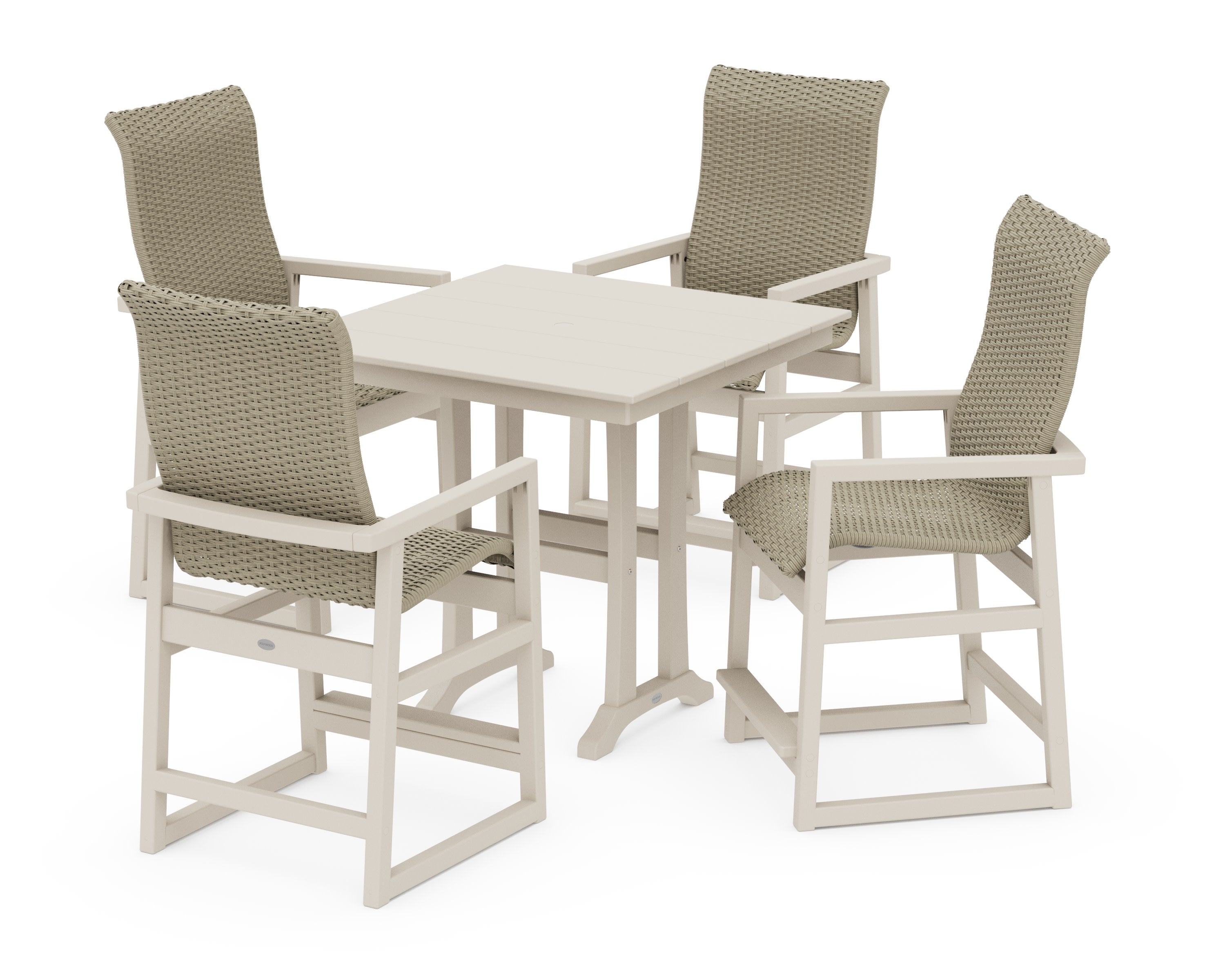 EDGE Woven Highback 5-Piece Farmhouse Counter Set with Trestle Legs in Sand / Dune Grass