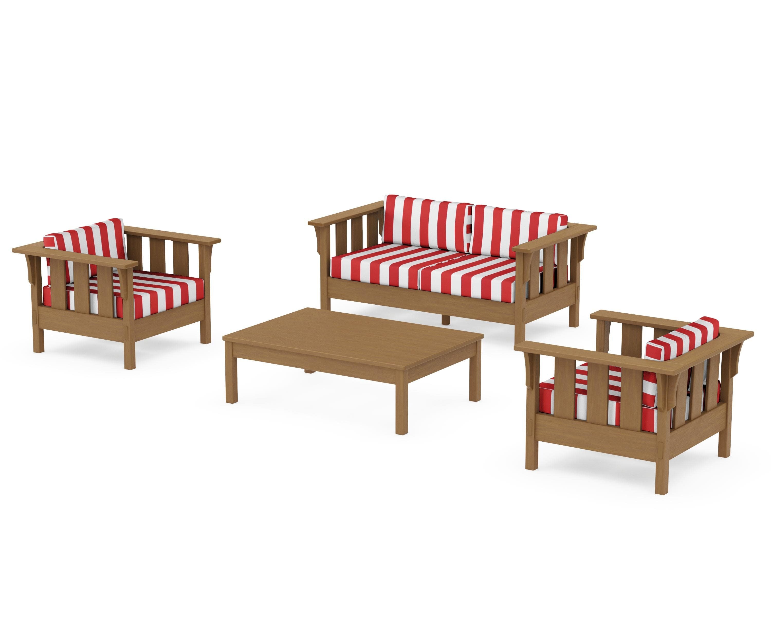 Acadia 4-Piece Deep Seating Set with Loveseat in Natural / Cabana Stripe Crimson