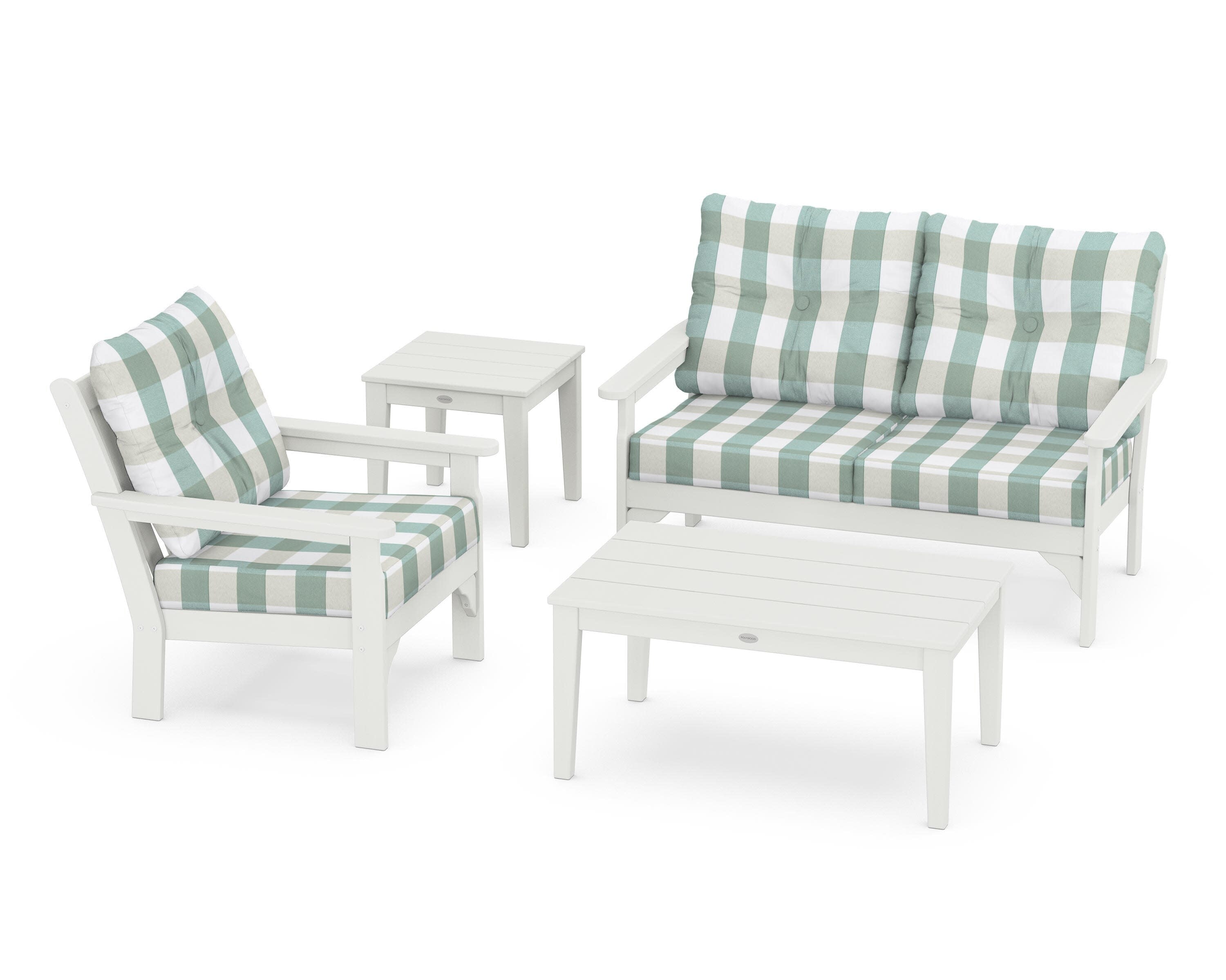 Vineyard 4-Piece Deep Seating Set in Vintage White / Buffalo Plaid Glacier Spa
