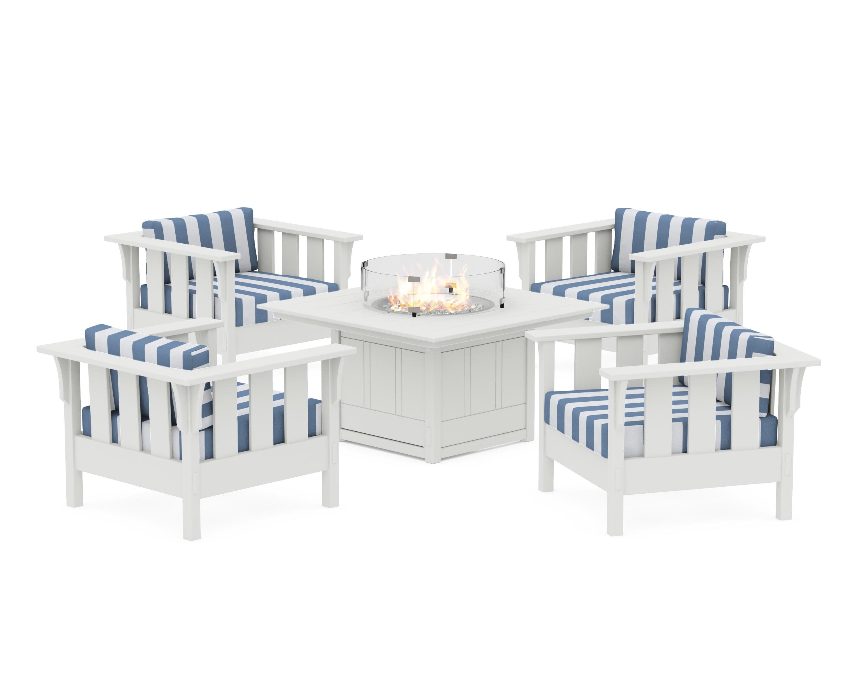 Acadia 5-Piece Deep Seating Set with Fire Pit Table in Vintage White / Cabana Stripe Sky Blue