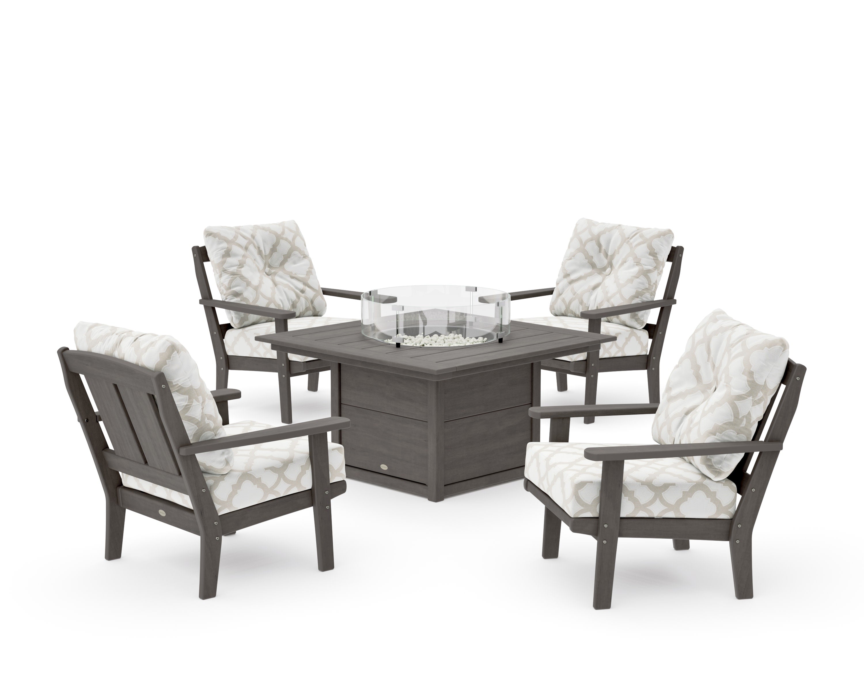 Mission 5-Piece Deep Seating Set with Fire Pit Table in Driftwood / Trellis Dune Burlap