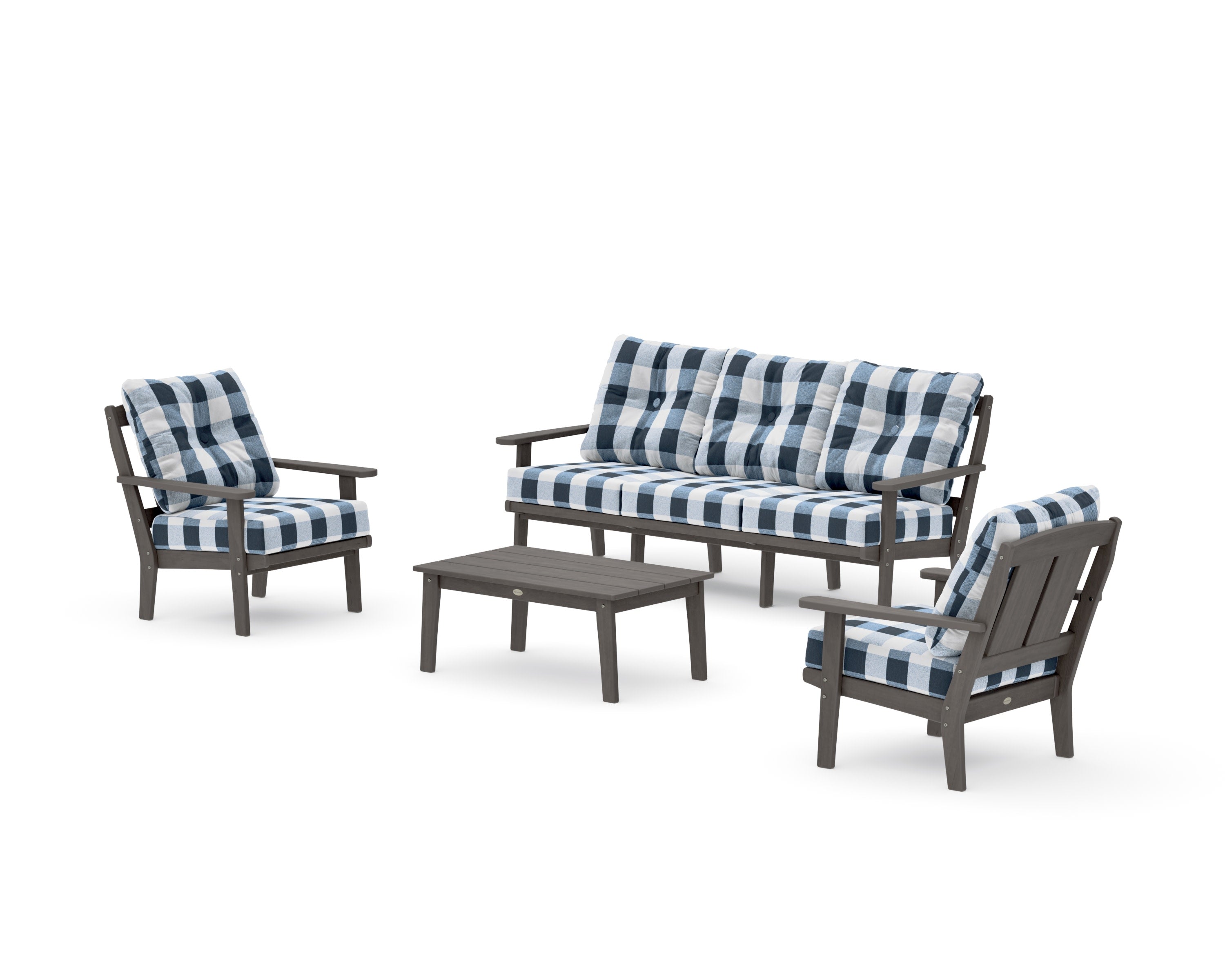 Mission 4-Piece Deep Seating Set with Sofa in Driftwood / Buffalo Plaid Marine Indigo