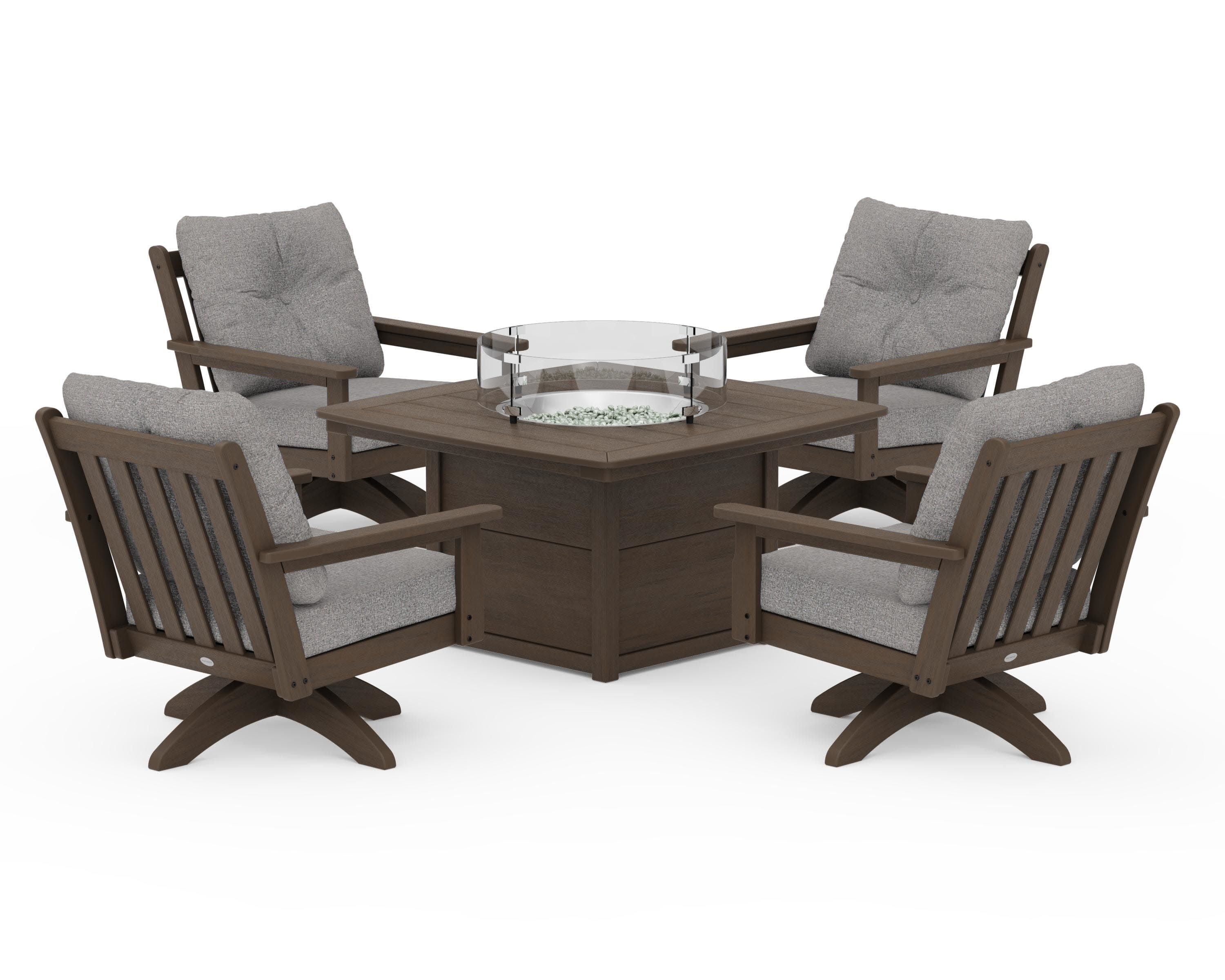 Vineyard 5-Piece Deep Seating Swivel Conversation Set with Fire Pit Table in Kona / Grey Mist