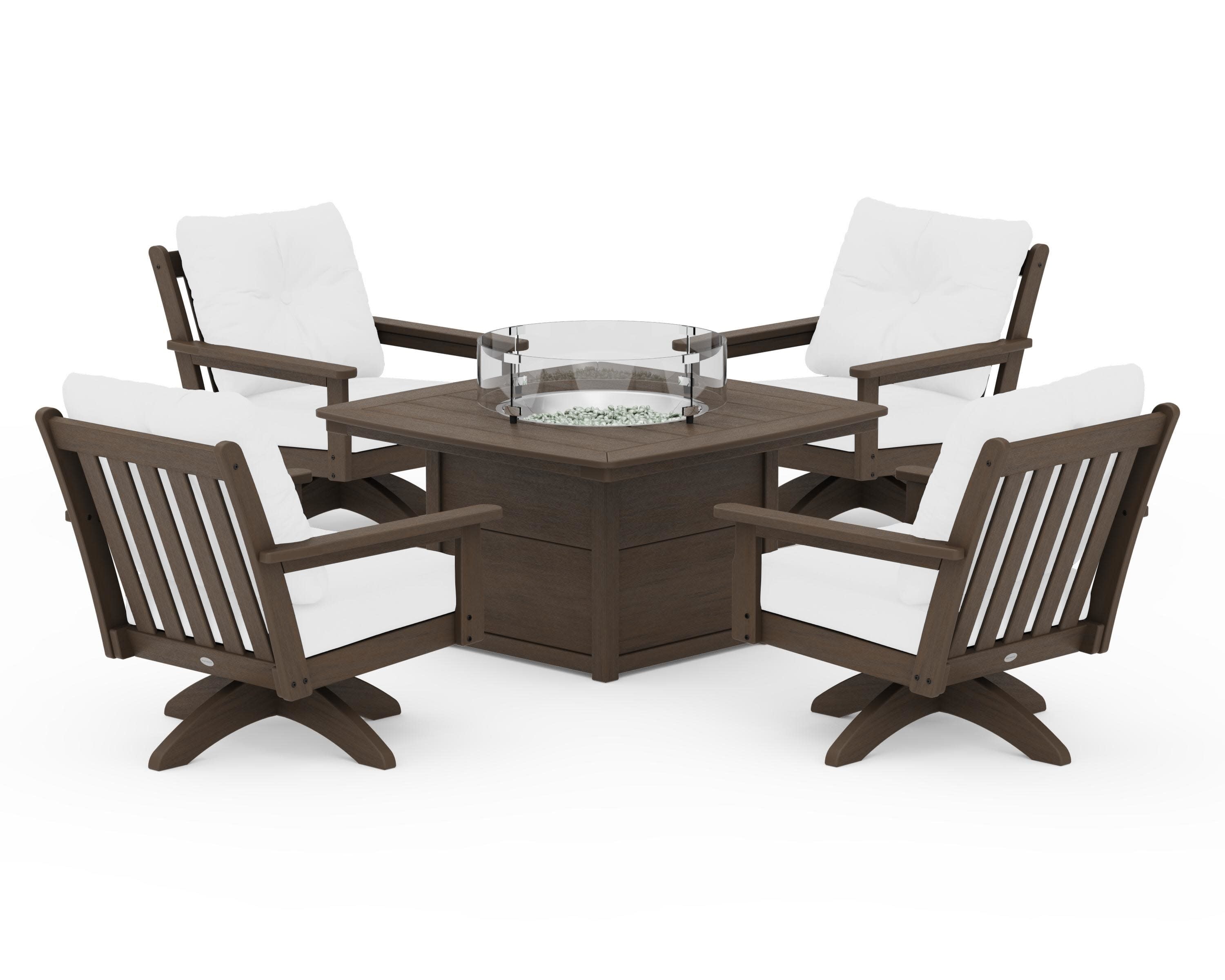 Vineyard 5-Piece Deep Seating Swivel Conversation Set with Fire Pit Table in Kona / Natural
