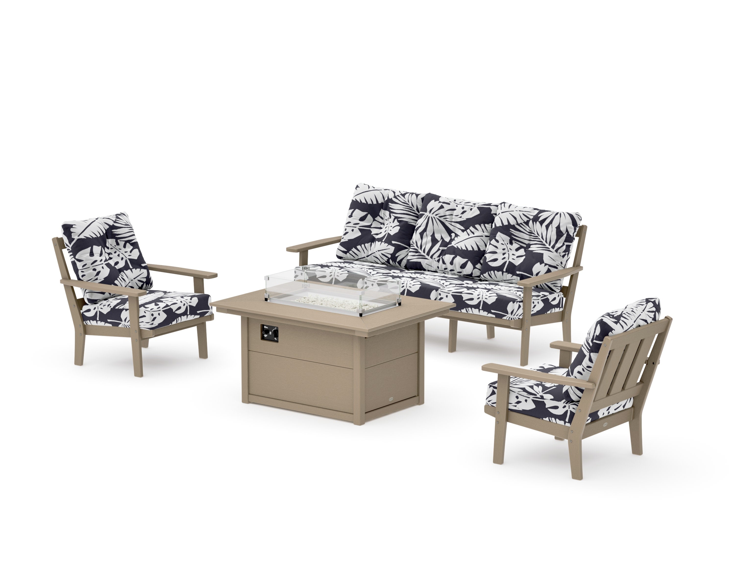 Oxford Deep Seating Fire Pit Table Set in Vintage Sahara / Leaf Navy
