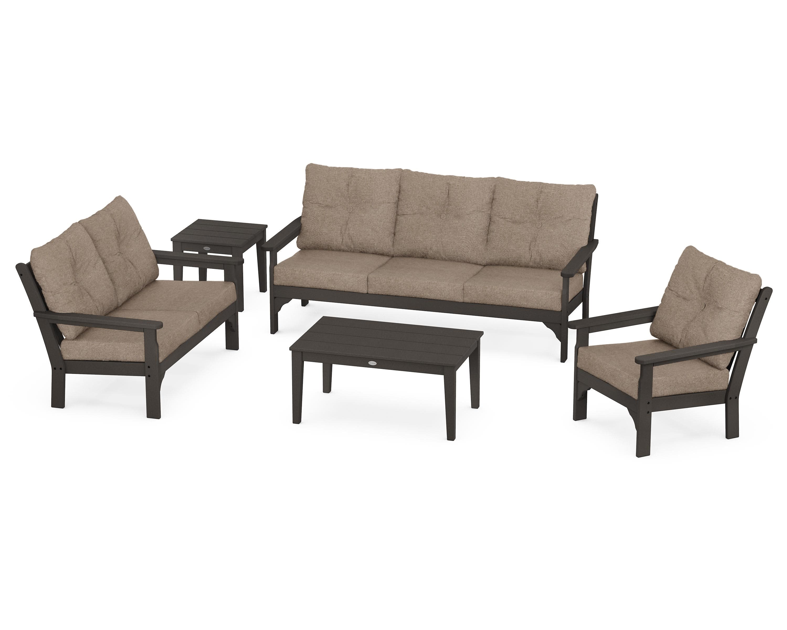 Vineyard 5 Piece Deep Seating Set in Vintage Coffee / Spiced Burlap