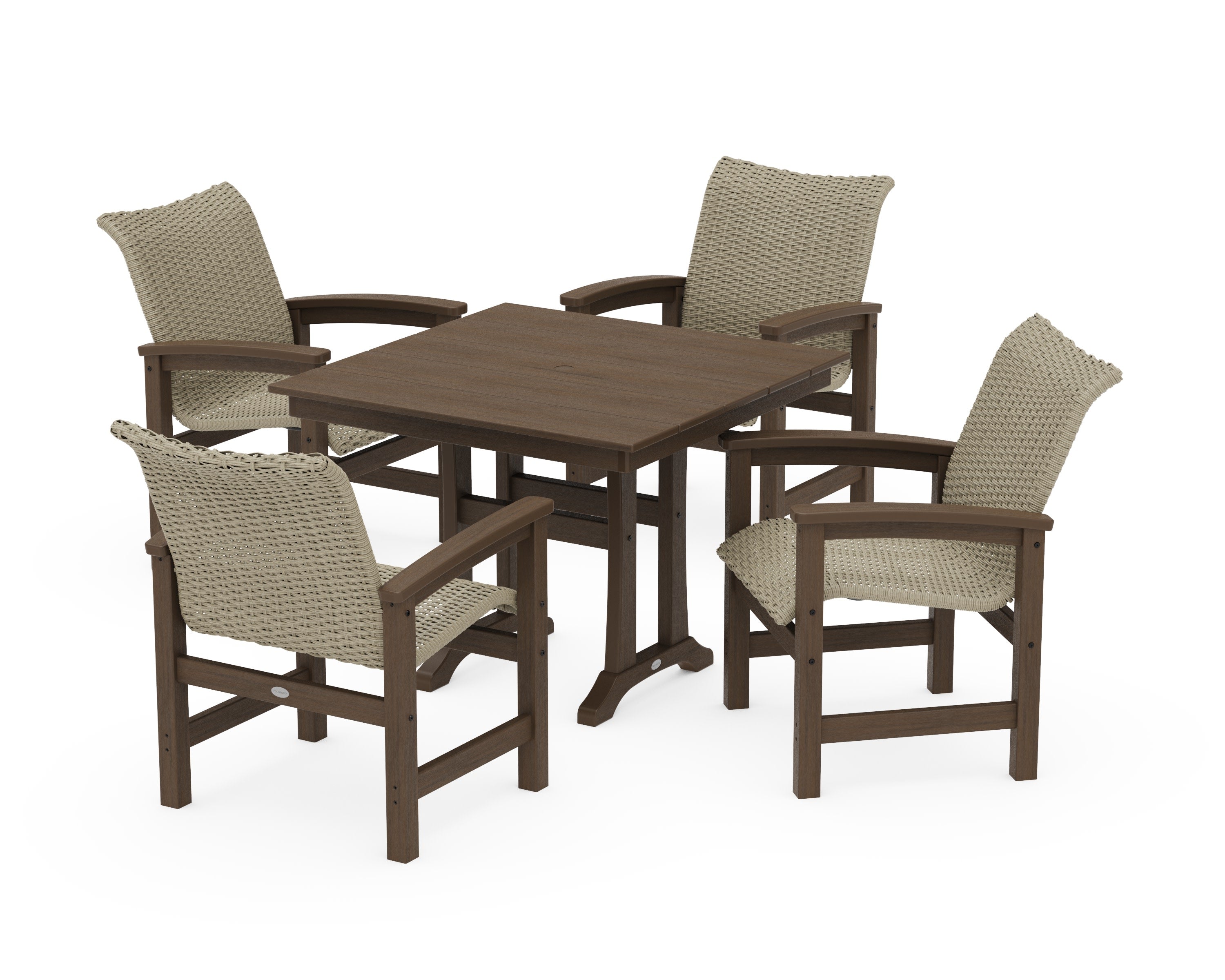 Coastal Woven 5-Piece Farmhouse Dining Set with Trestle Legs in Kona / Dune Grass