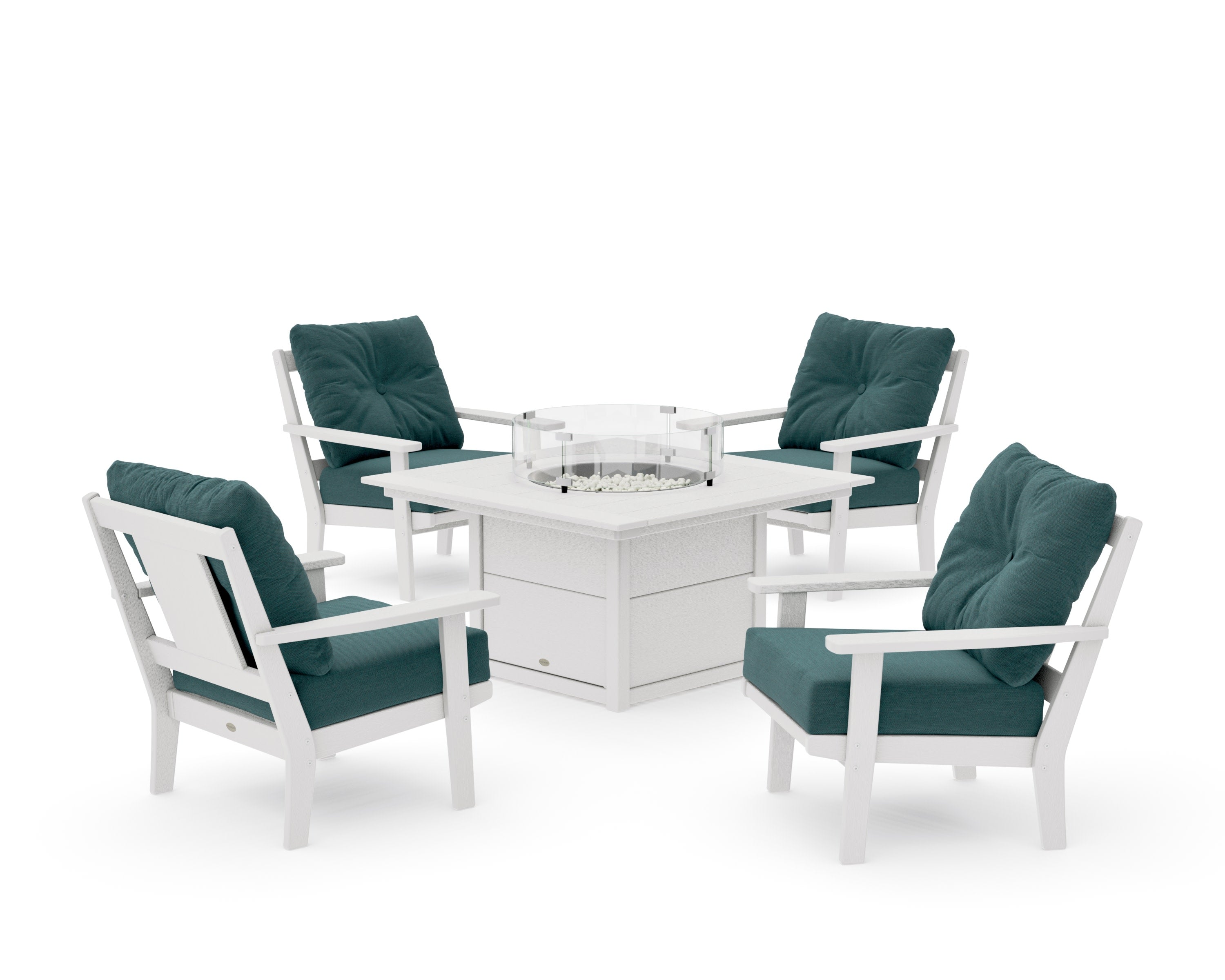 Prairie 5-Piece Deep Seating Set with Fire Pit Table in Vintage White / Ocean Teal