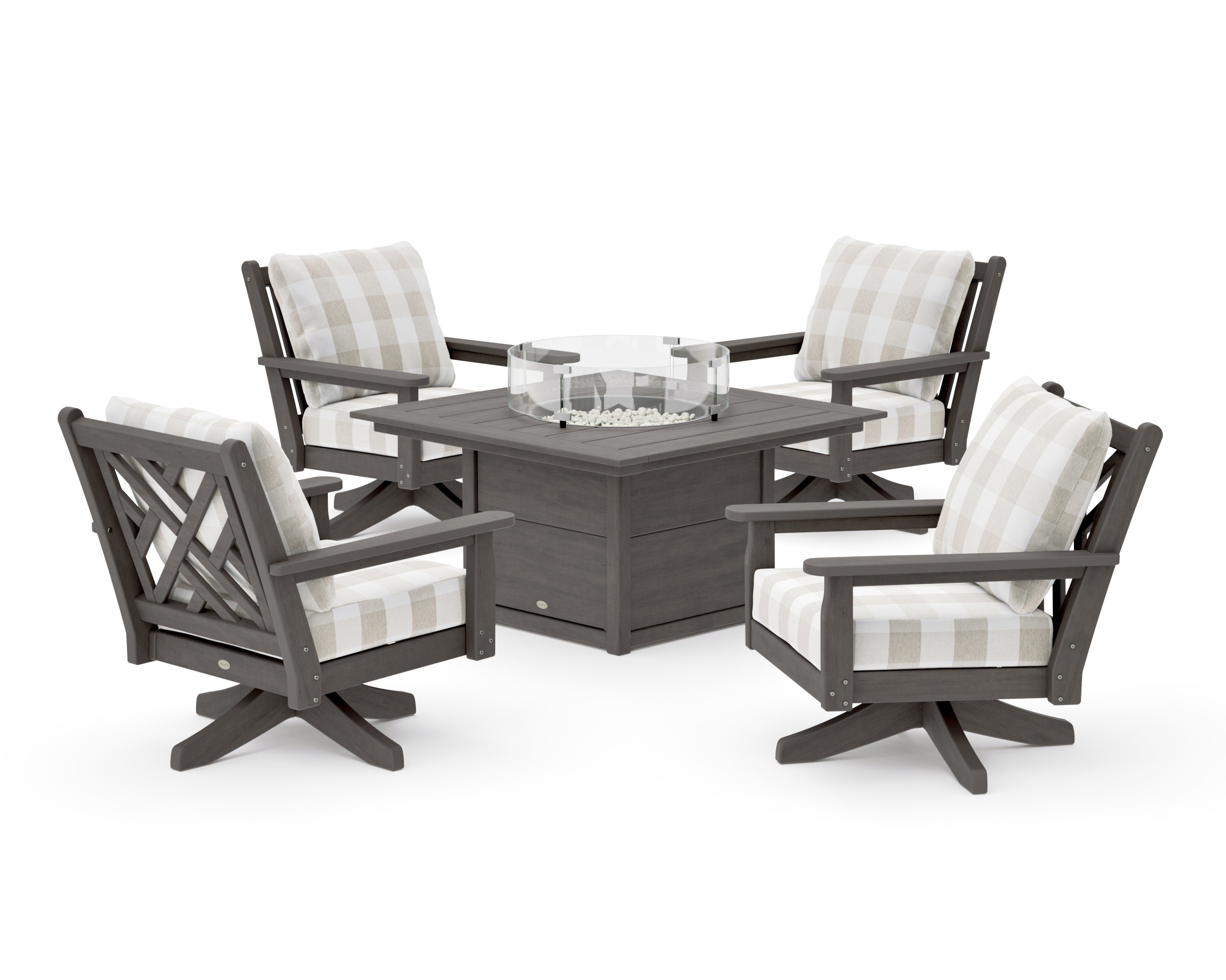 Chippendale 5-Piece Deep Seating Swivel Conversation Set with Fire Pit Table in Driftwood / Buffalo Plaid Dune Burlap