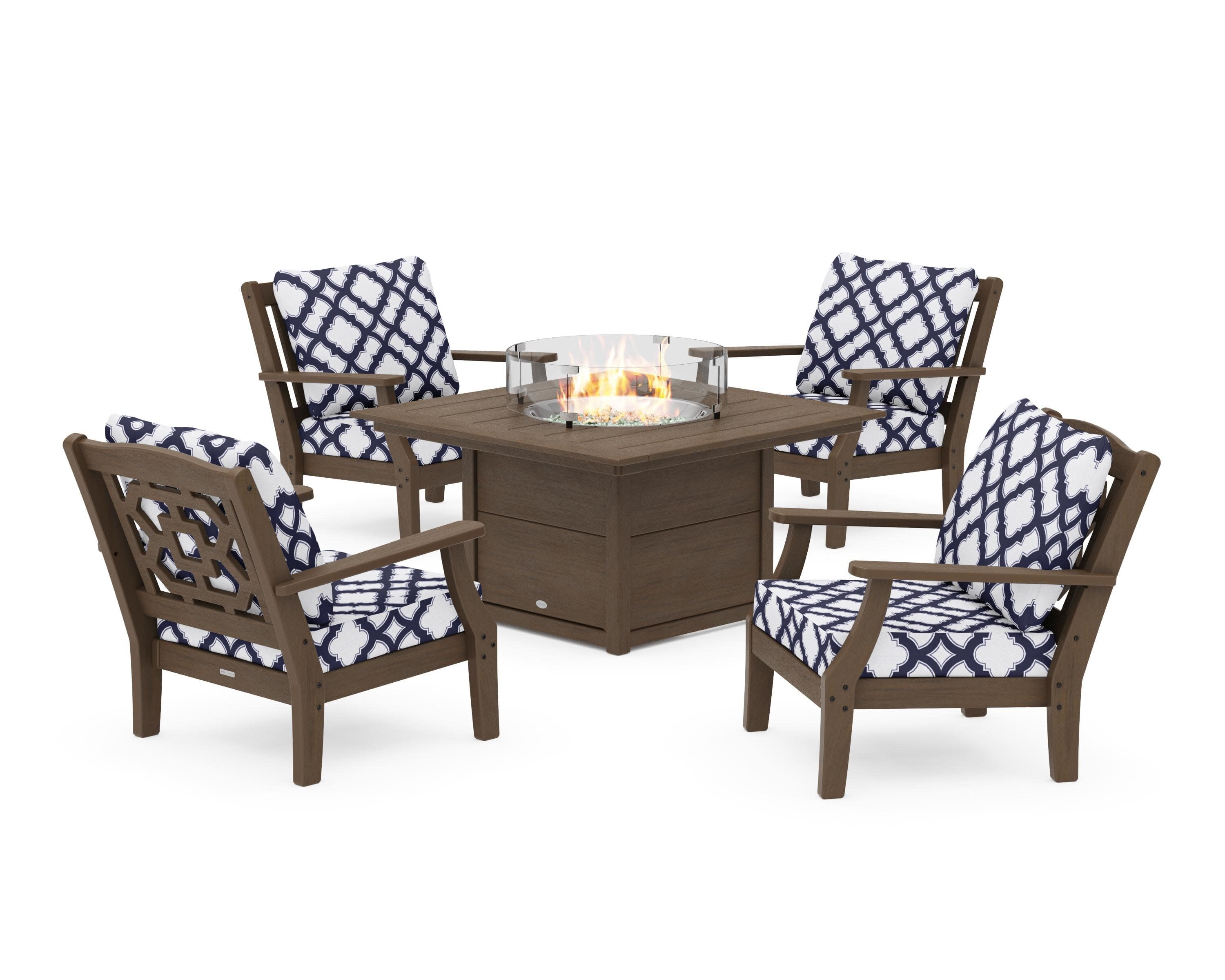 Chinoiserie 5-Piece Deep Seating Set with Fire Pit Table in Kona / Trellis Navy