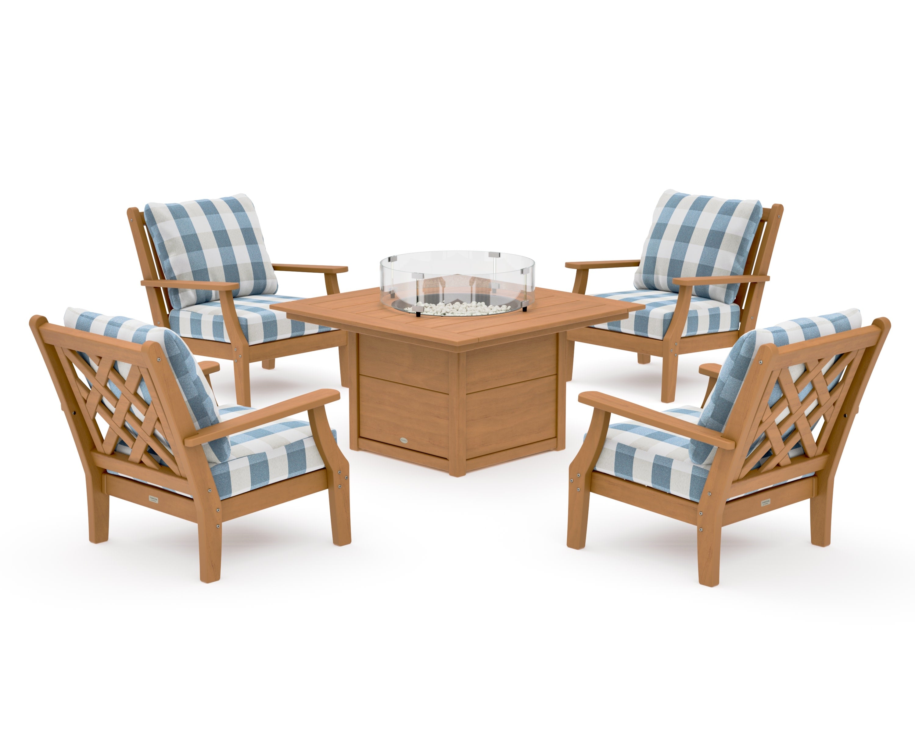 Wovendale 5-Piece Deep Seating Set with Fire Pit Table in Natural / Buffalo Plaid Sky Blue