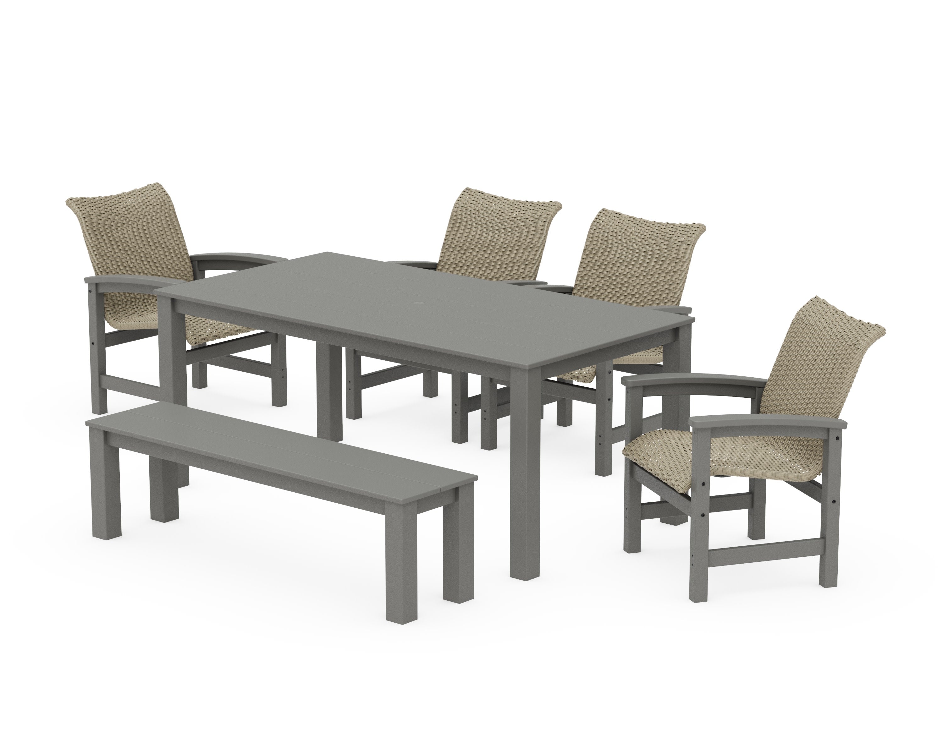 Coastal Woven 6-Piece Parsons Dining Set with Bench in Slate Grey / Dune Grass