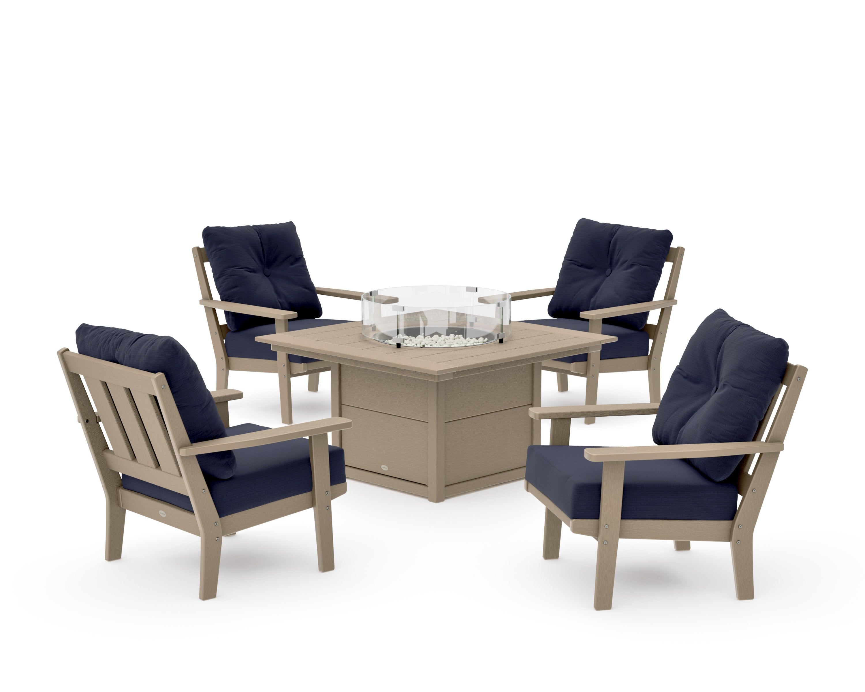 Oxford 5-Piece Deep Seating Set with Fire Pit Table in Vintage Sahara / Navy Linen
