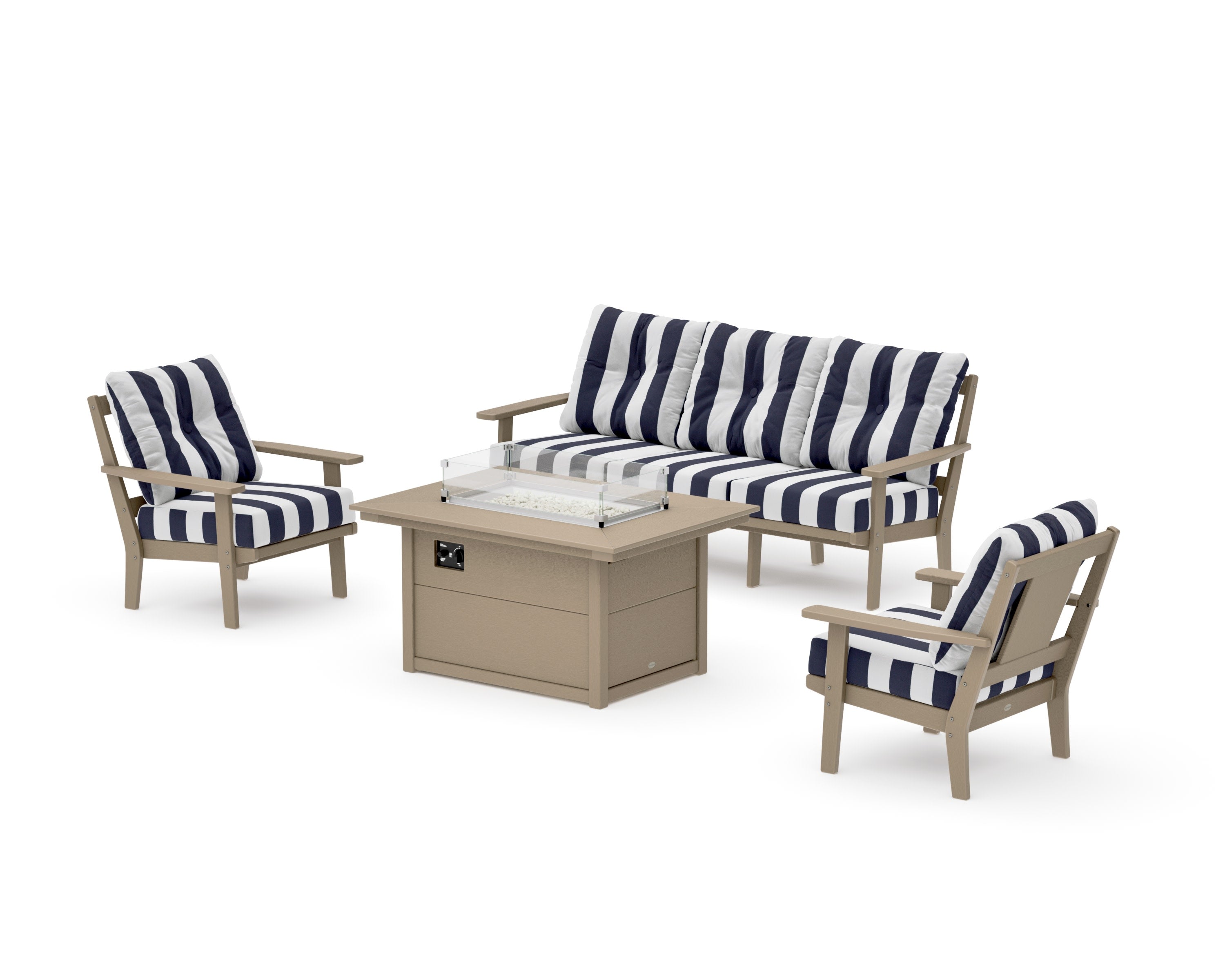 Prairie Deep Seating Fire Pit Table Set in Vintage Sahara / Cabana Stripe Navy