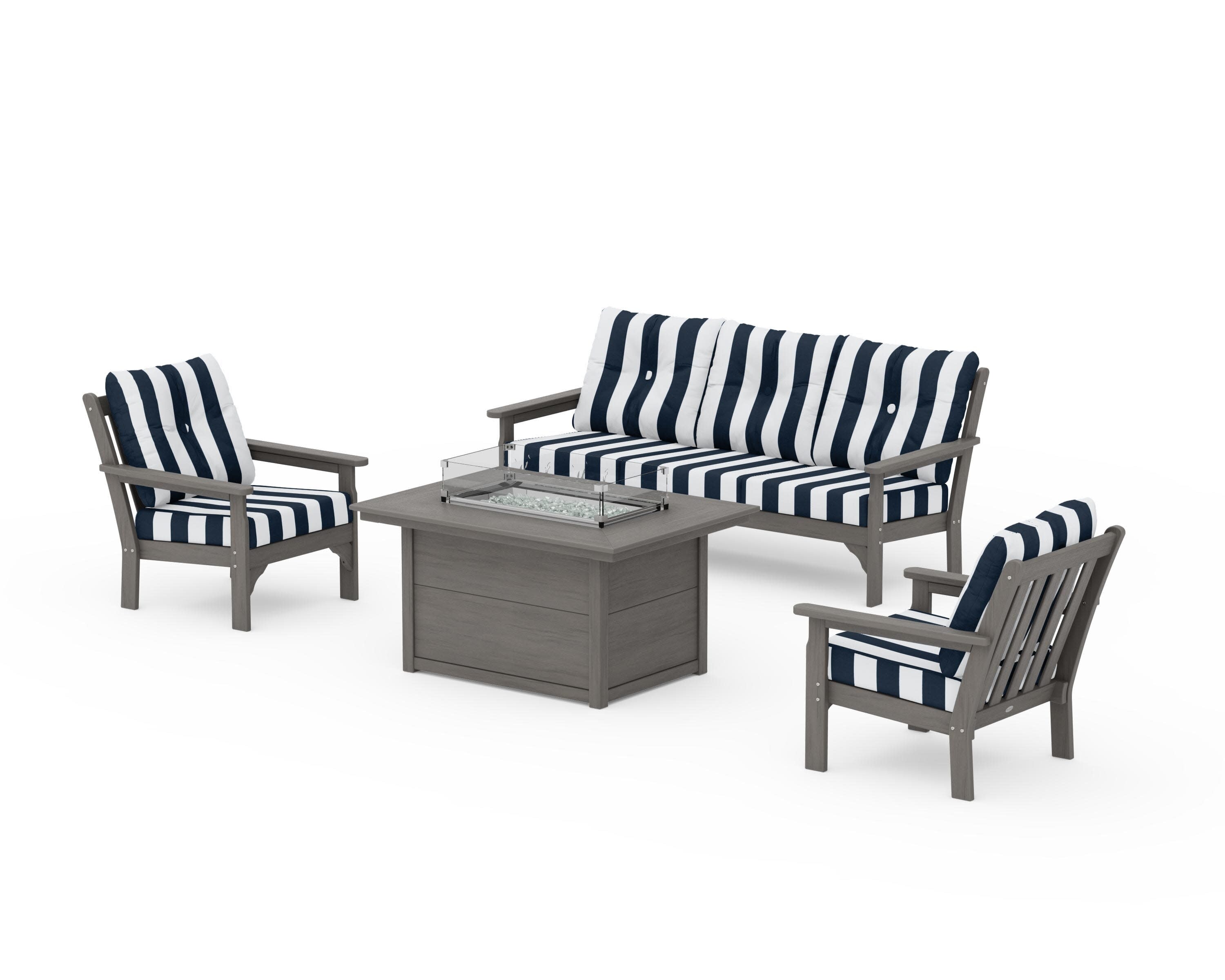 Vineyard Deep Seating Fire Pit Table Set in Driftwood / Cabana Stripe Marine Indigo
