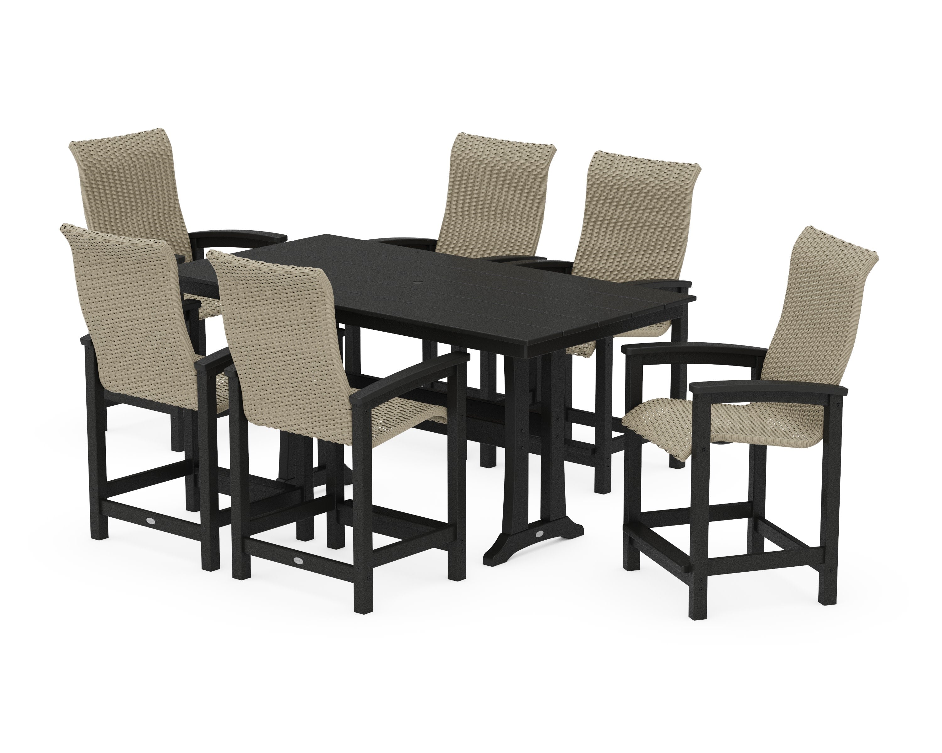 Coastal Woven High-Back Arm Chair 7-Piece Farmhouse Counter Set with Trestle Legs in Black / Dune Grass