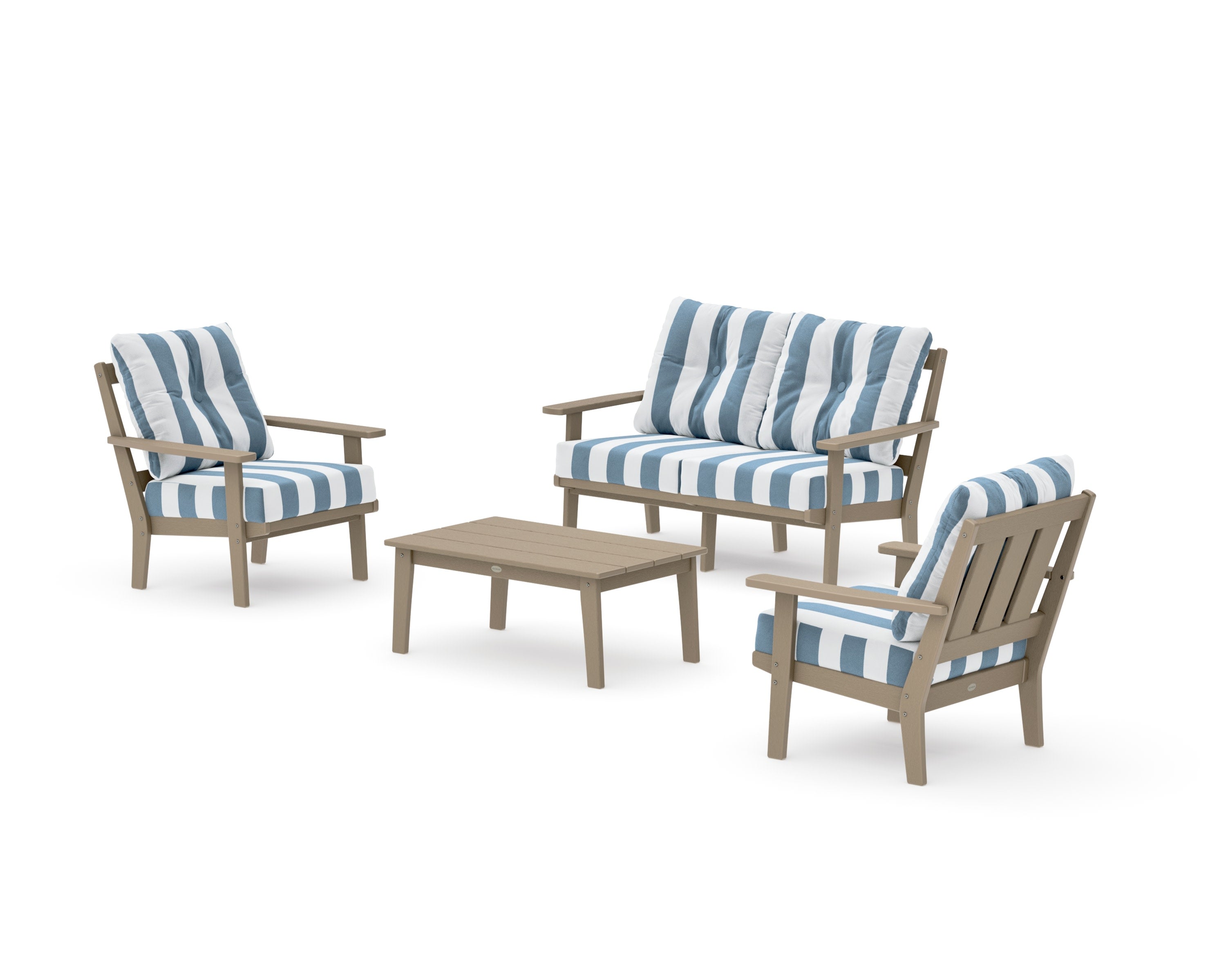 Oxford 4-Piece Deep Seating Set with Loveseat in Vintage Sahara / Cabana Stripe Sky Blue