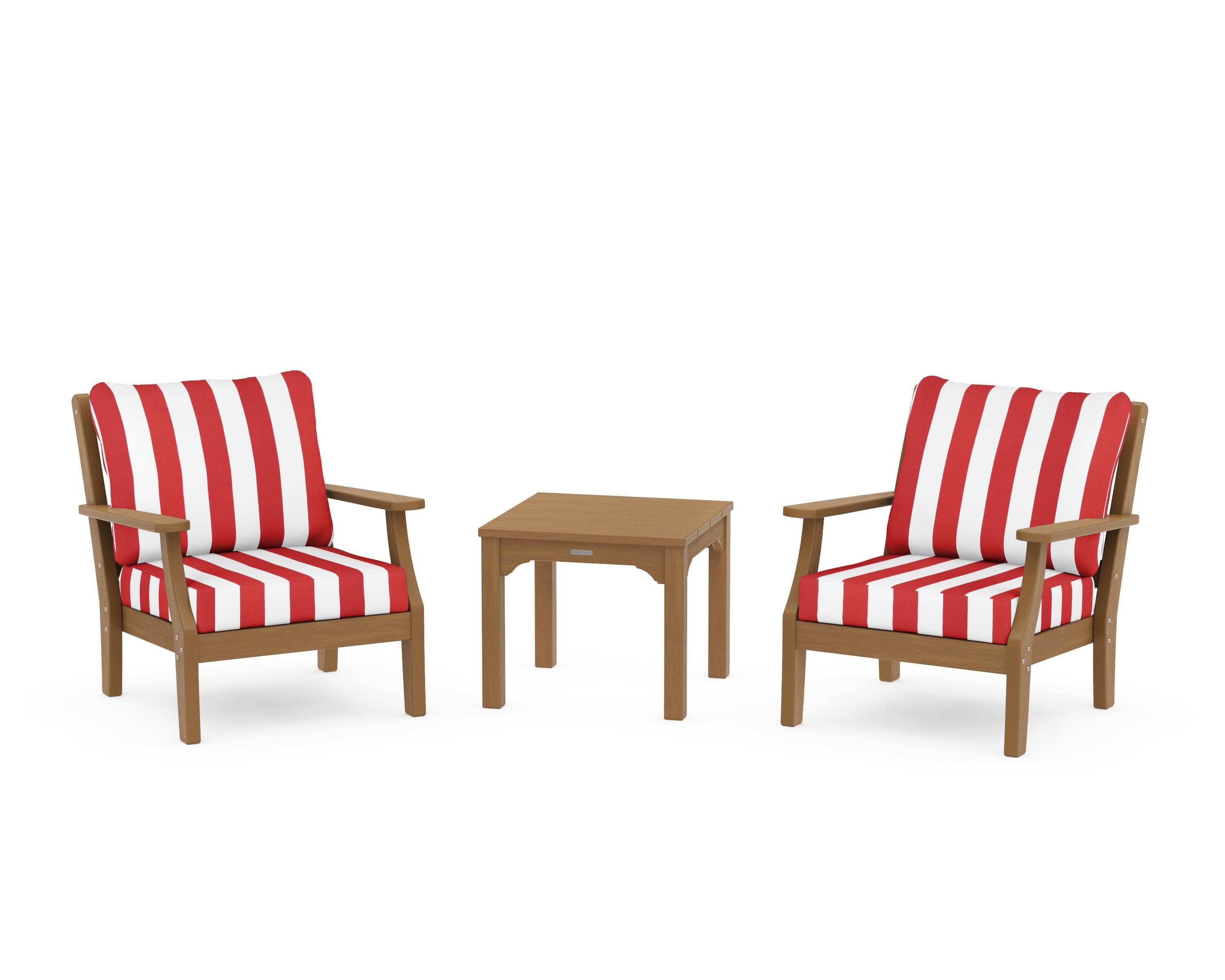 Chinoiserie 3-Piece Deep Seating Set in Natural / Cabana Stripe Crimson