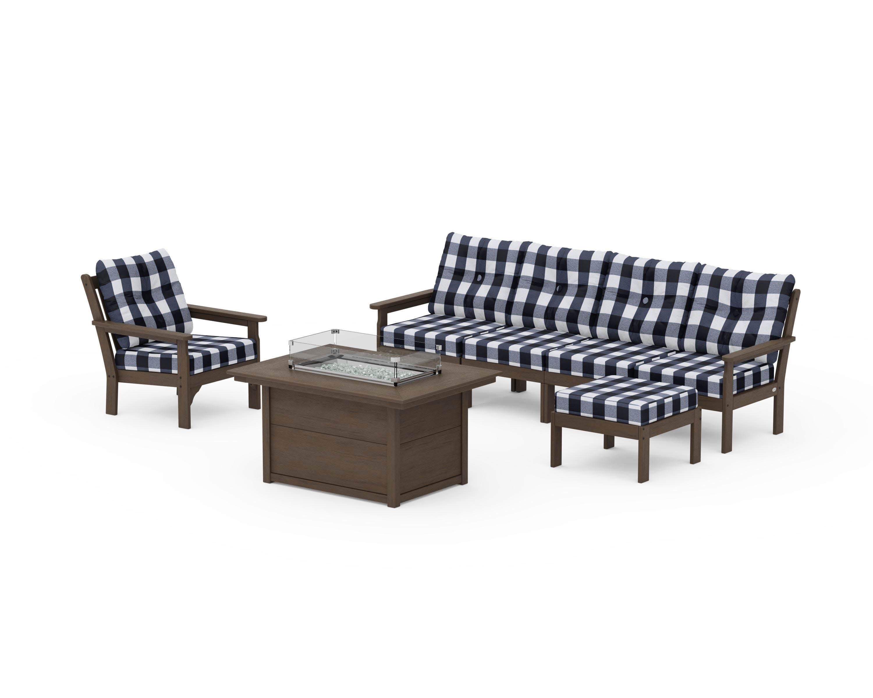 Vineyard Sectional Lounge and Fire Pit Set in Kona / Buffalo Plaid Marine Indigo