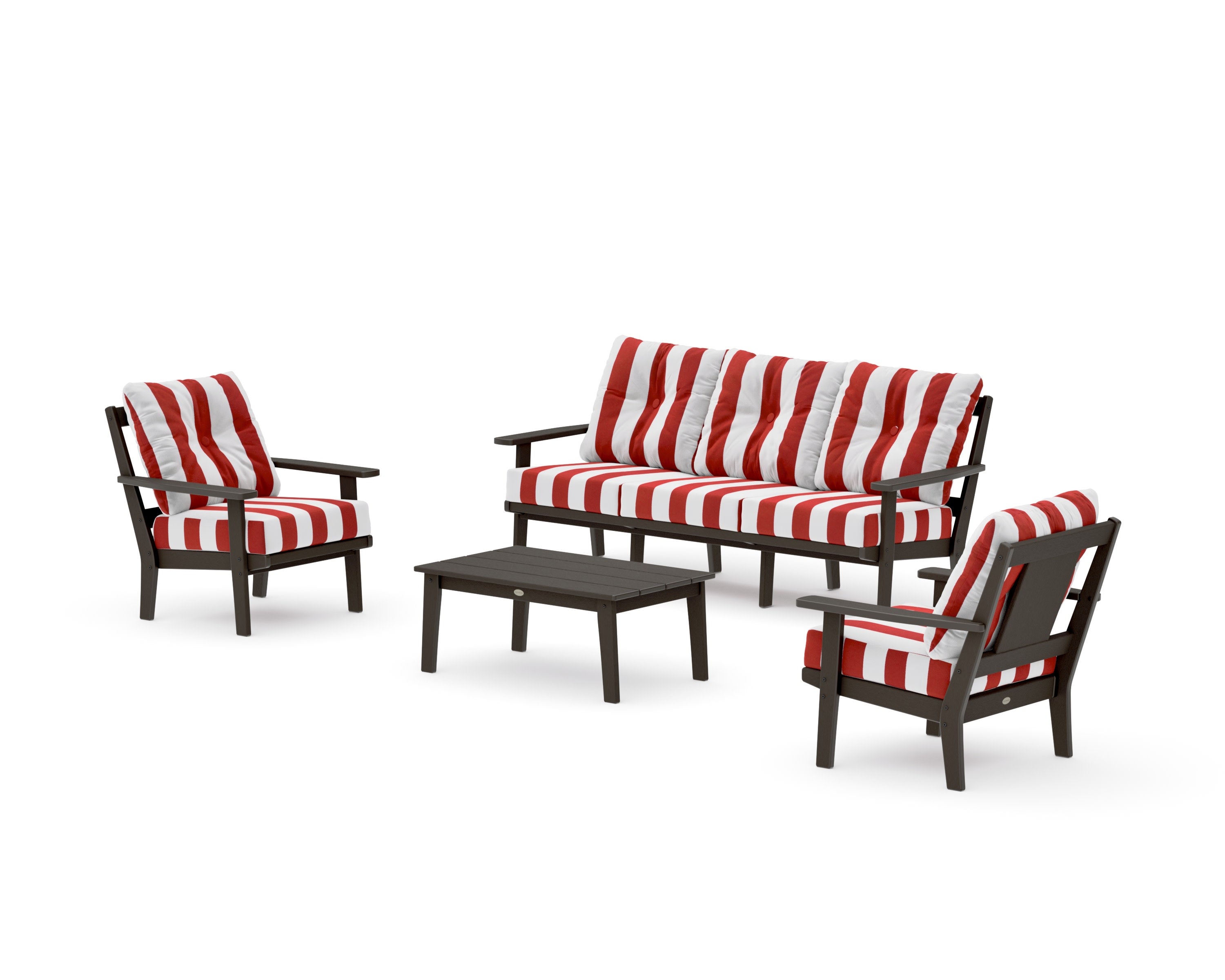 Prairie 4-Piece Deep Seating Set with Sofa in Vintage Coffee / Cabana Stripe Crimson