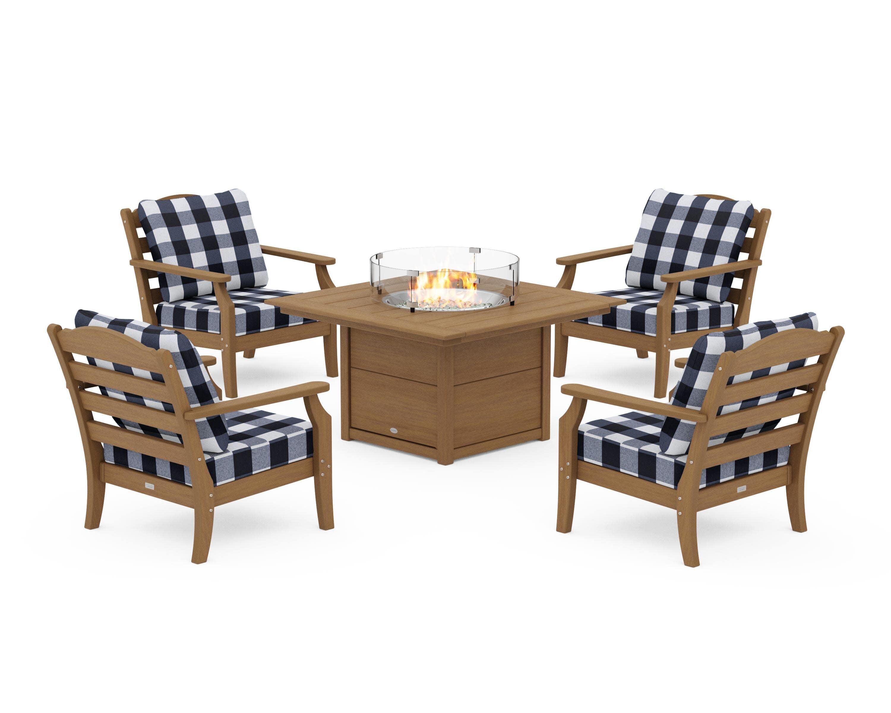 Savannah 5-Piece Deep Seating Set with Fire Pit Table in Natural / Buffalo Plaid Marine Indigo