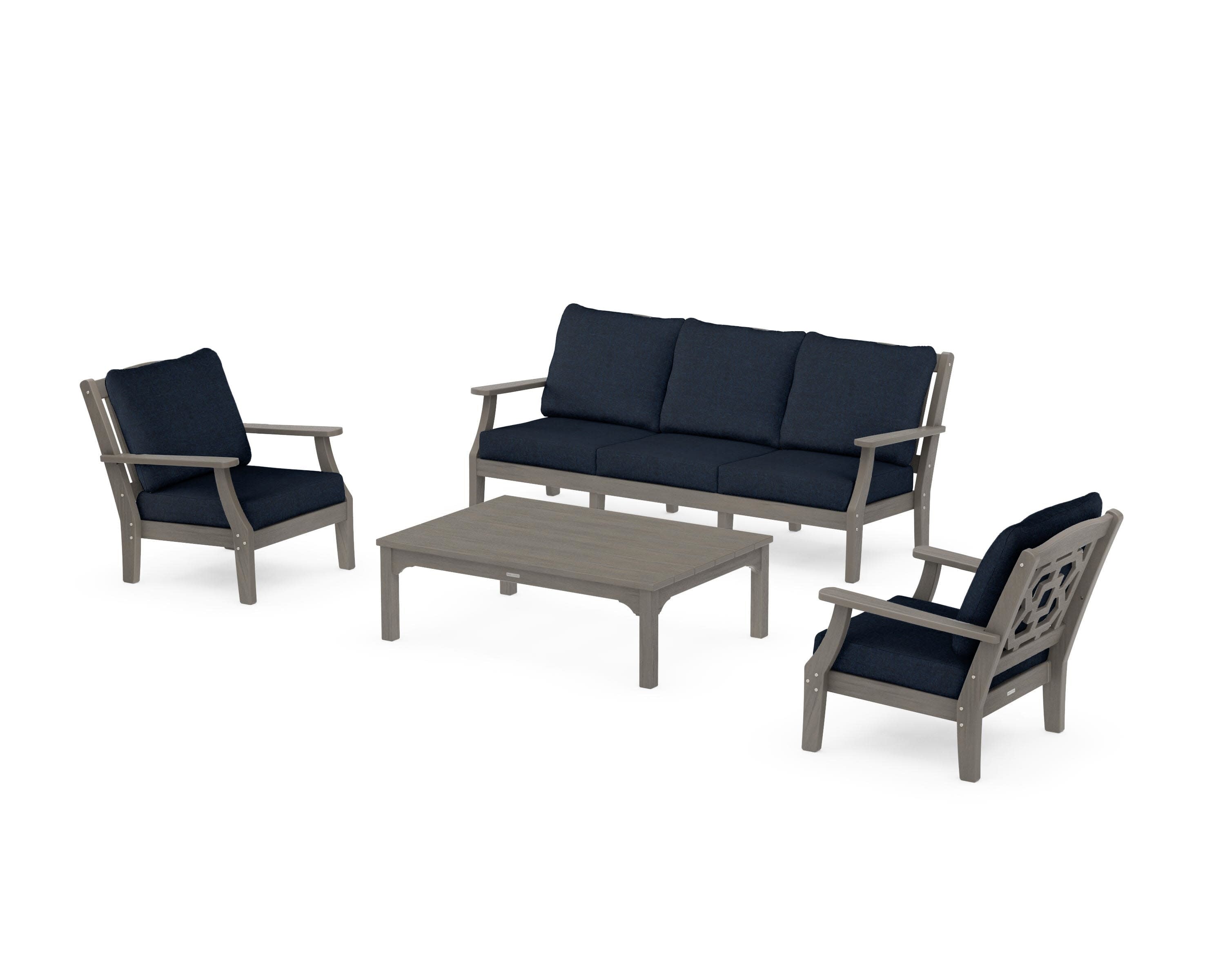Chinoiserie 4-Piece Deep Seating Set with Sofa in Driftwood / Marine Indigo