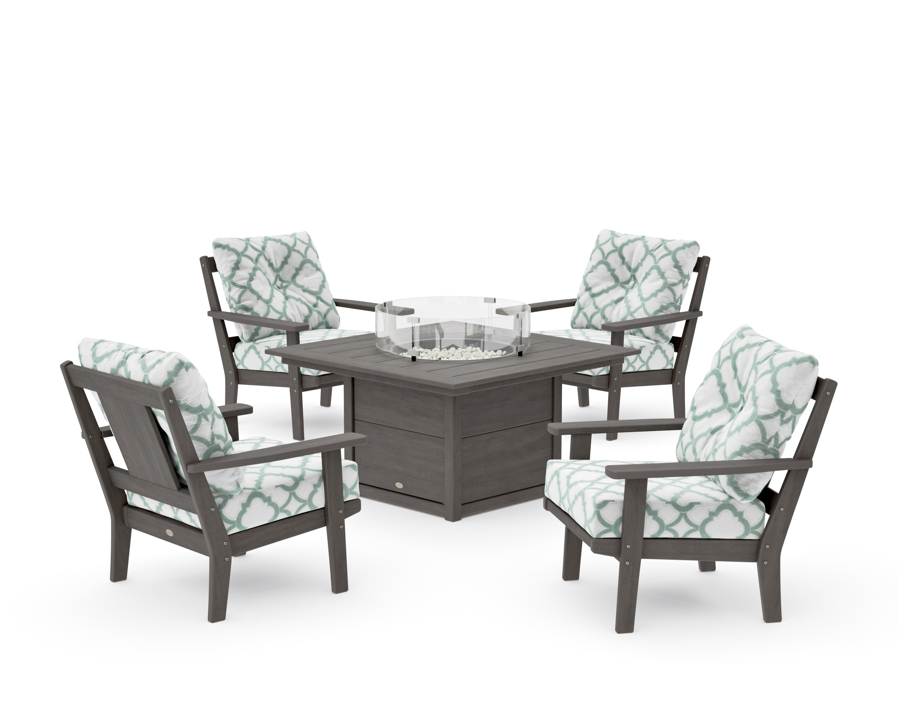 Prairie 5-Piece Deep Seating Set with Fire Pit Table in Driftwood / Trellis Glacier Spa