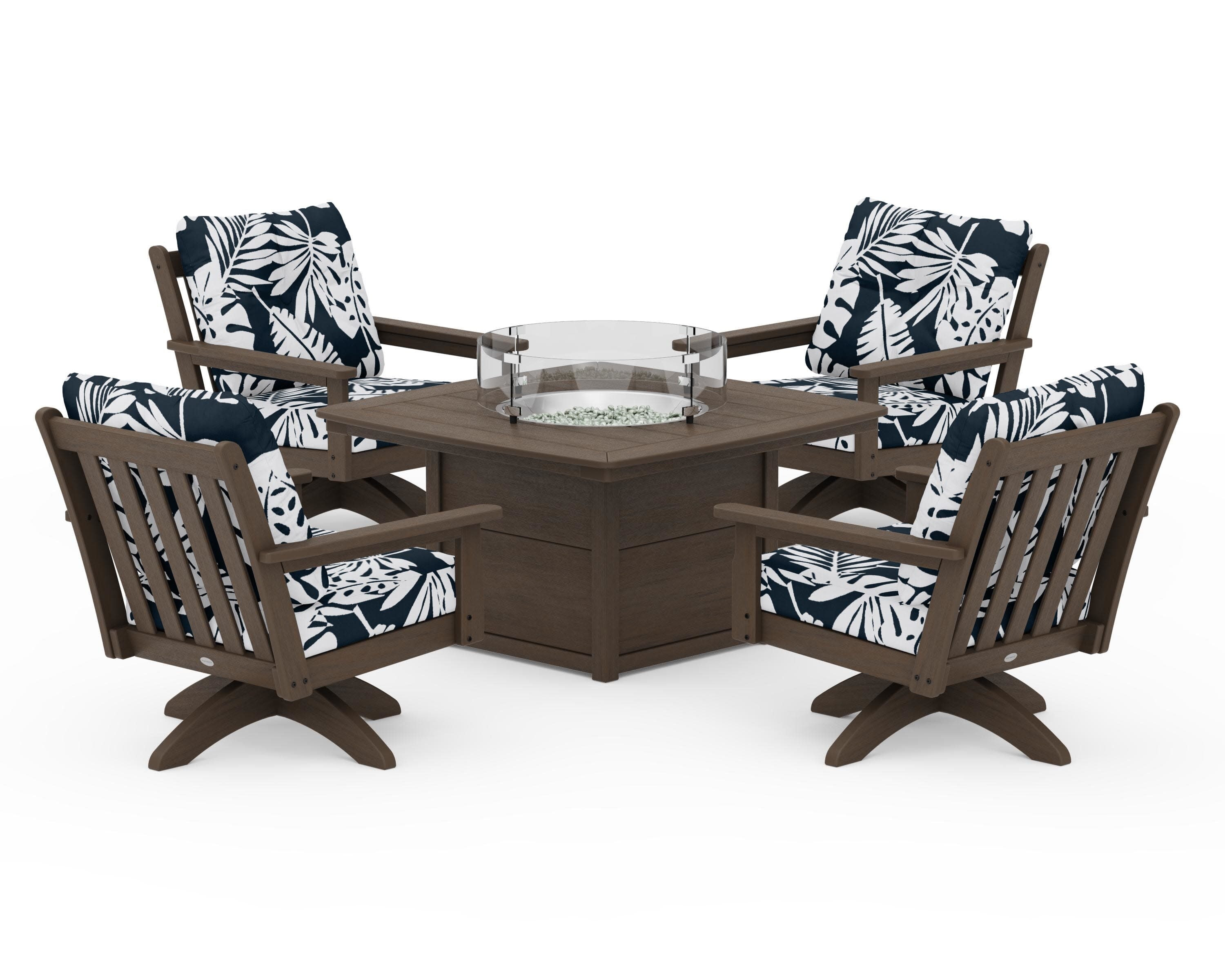 Vineyard 5-Piece Deep Seating Swivel Conversation Set with Fire Pit Table in Kona / Leaf Marine Indigo