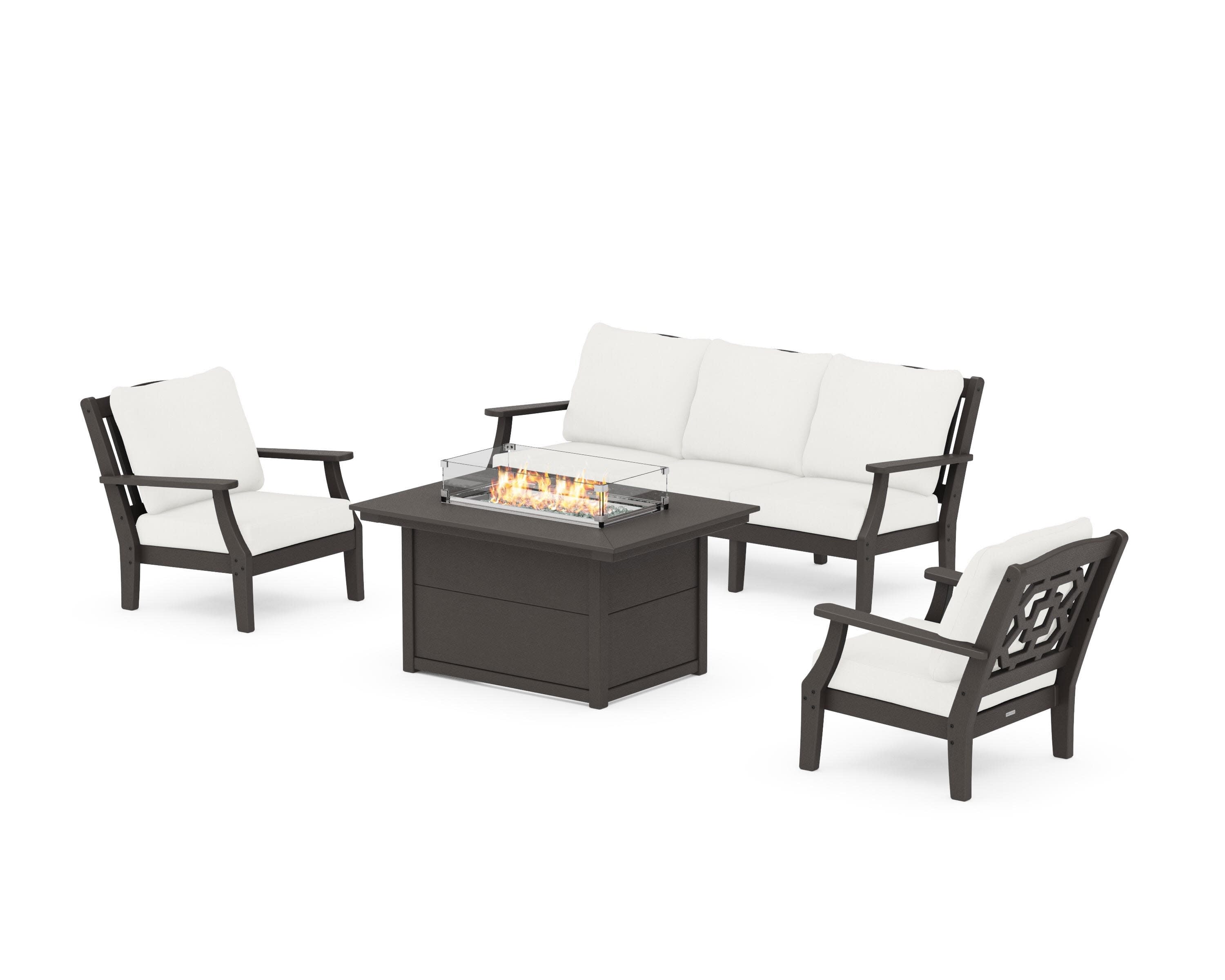 Chinoiserie Deep Seating Fire Pit Table Set in Vintage Coffee / Natural Linen