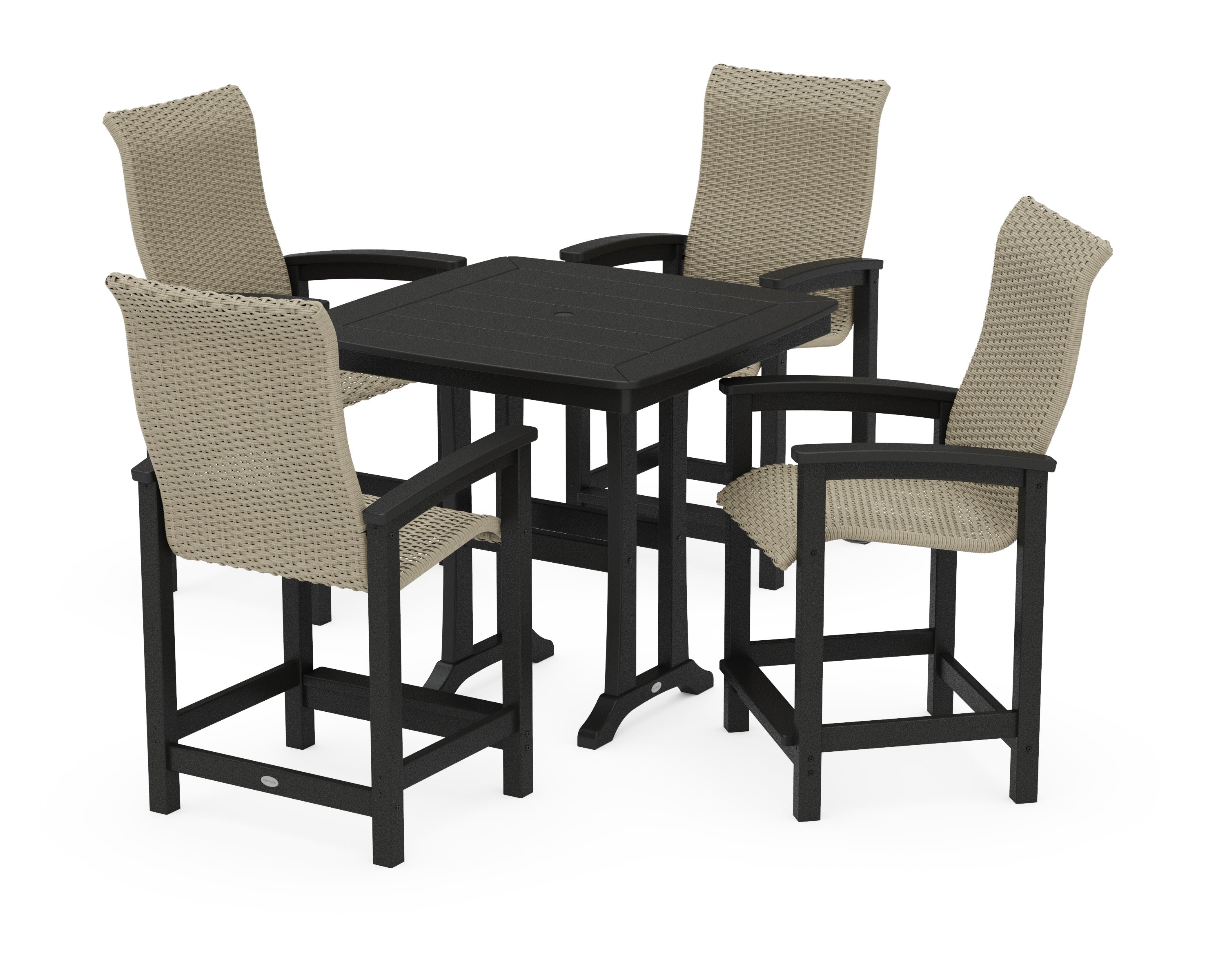 Coastal Woven High-Back 5-Piece Counter Set with Trestle Legs in Black / Dune Grass