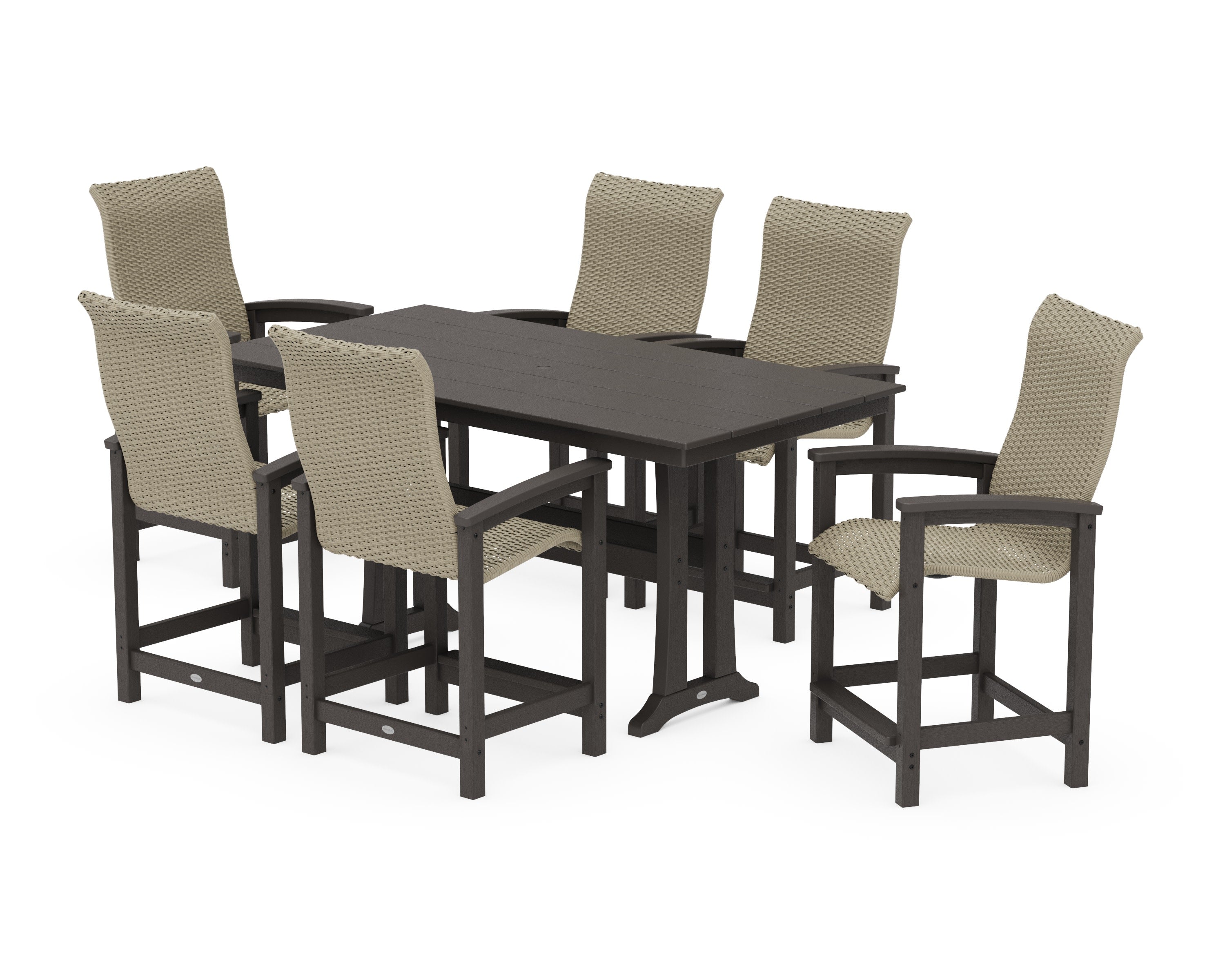 Coastal Woven High-Back Arm Chair 7-Piece Farmhouse Counter Set with Trestle Legs in Vintage Coffee / Dune Grass