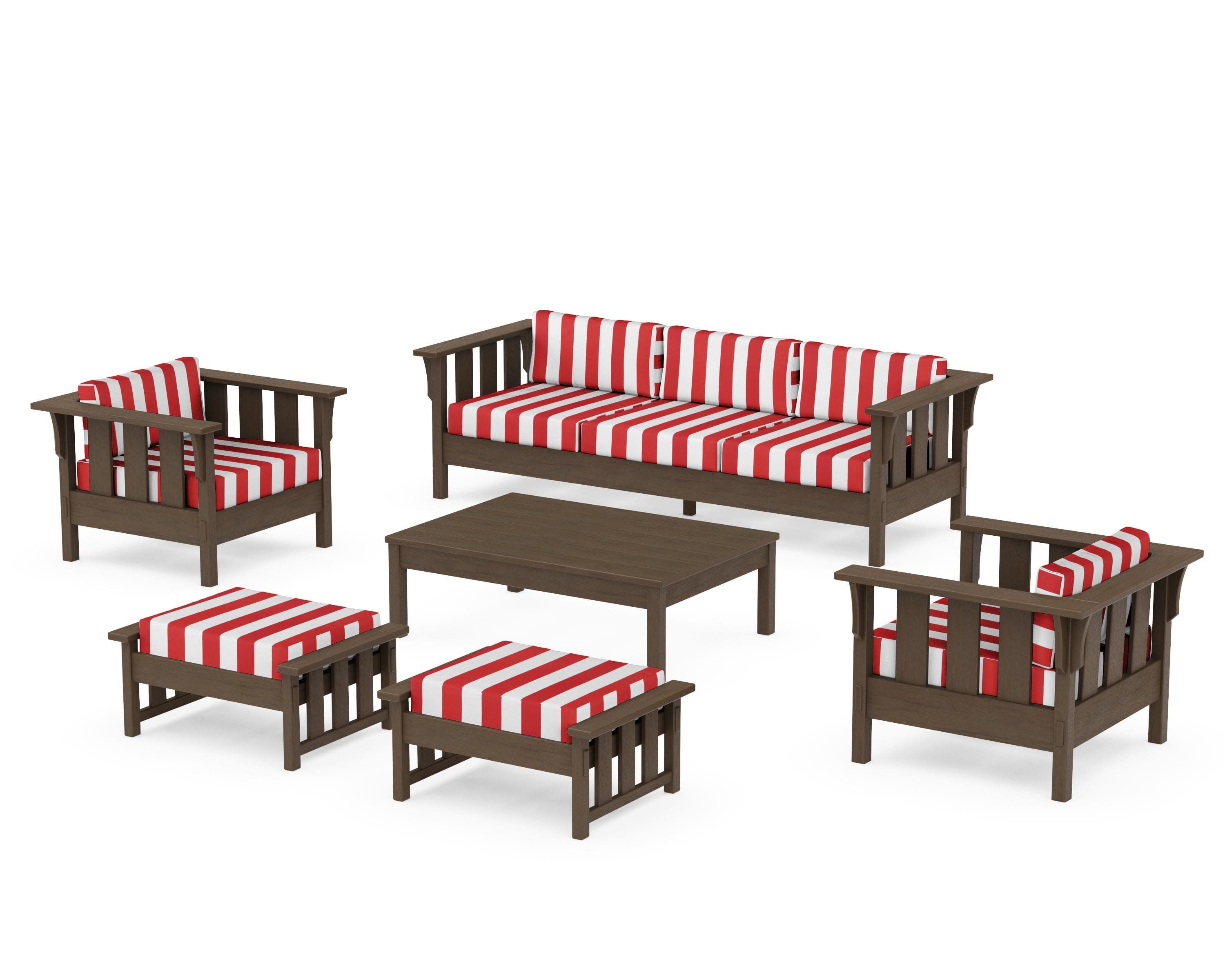 Acadia 6-Piece Lounge Sofa Set in Kona / Cabana Stripe Crimson