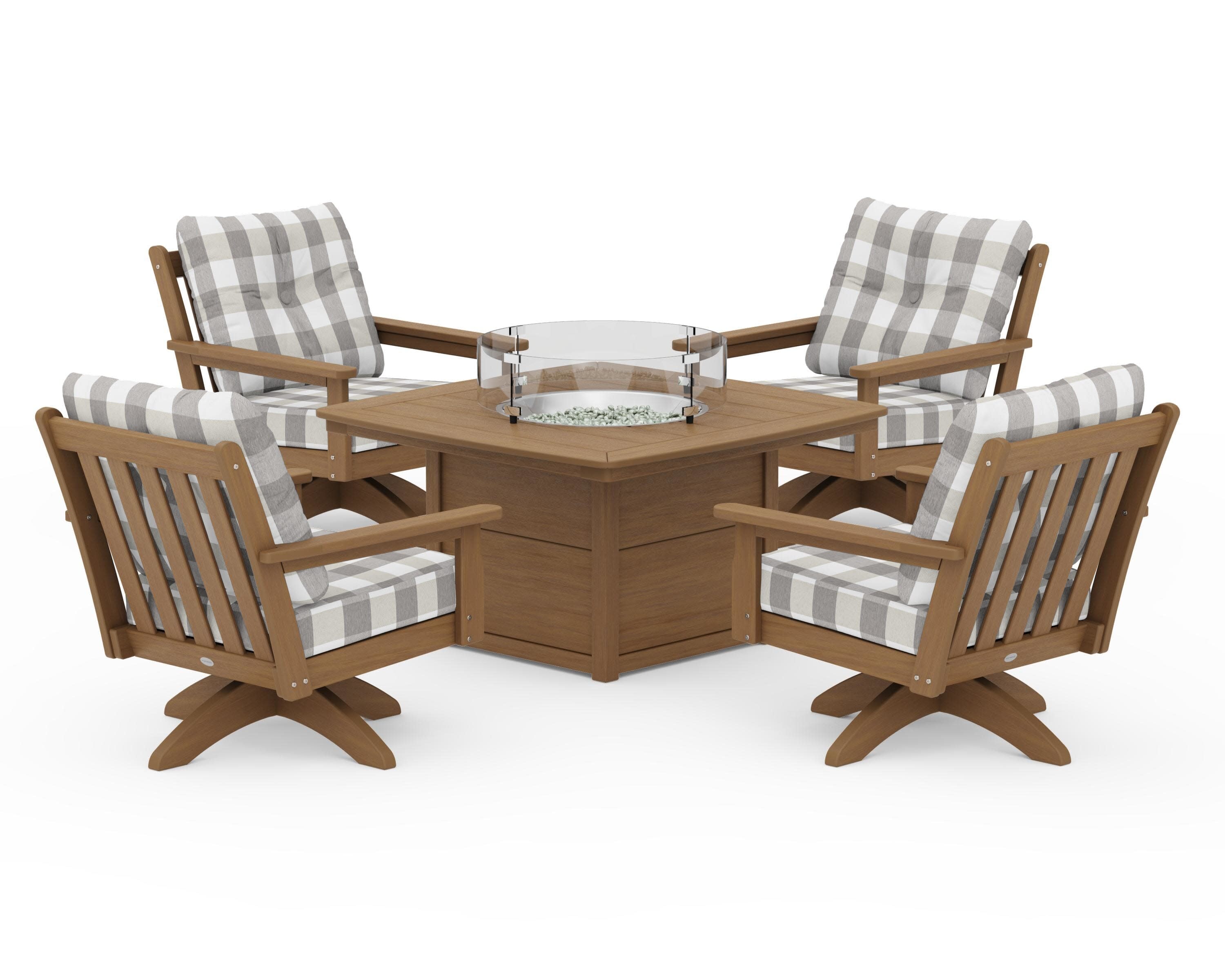 Vineyard 5-Piece Deep Seating Swivel Conversation Set with Fire Pit Table in Natural / Buffalo Plaid Grey Mist