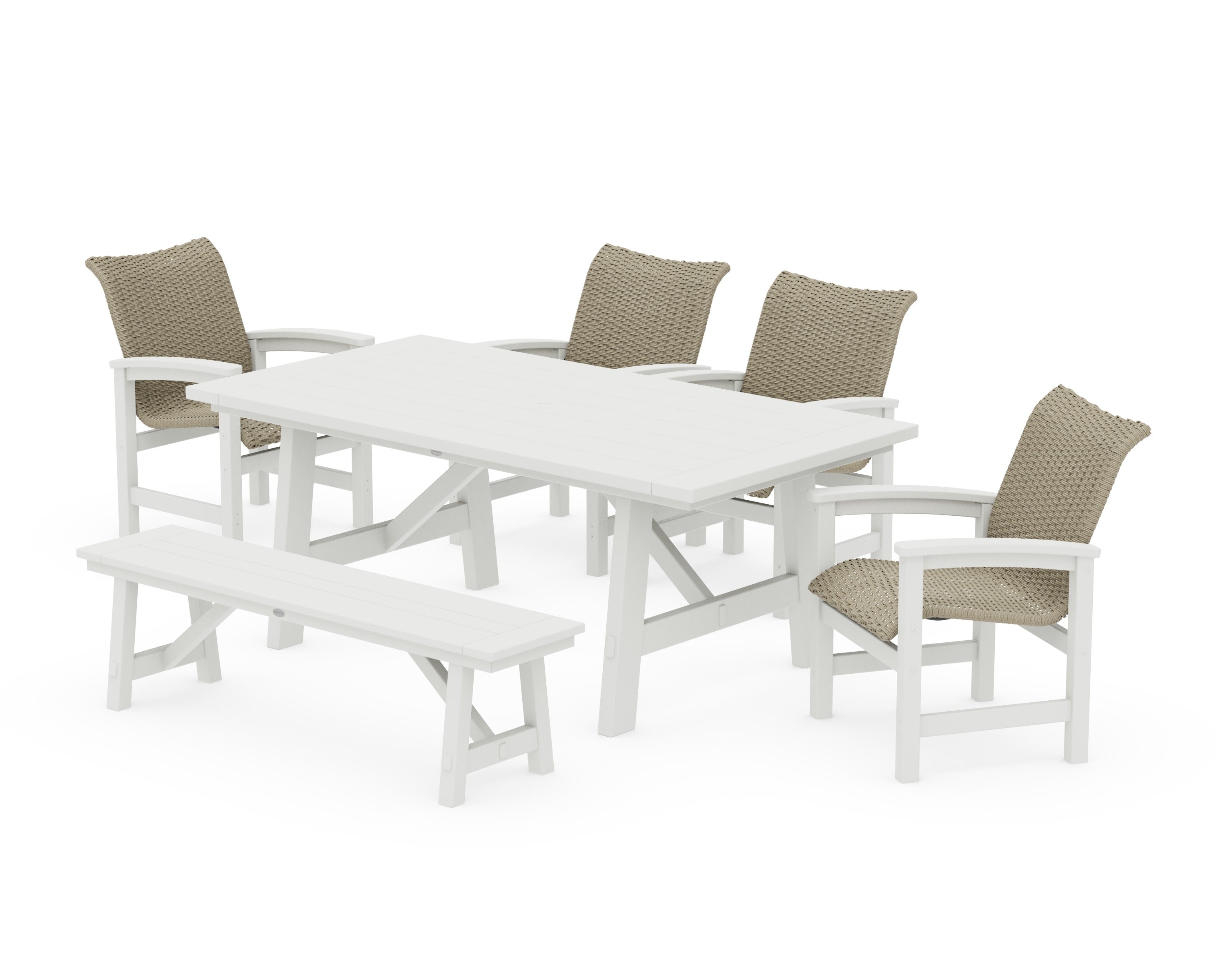 Coastal Woven 6-Piece Rustic Farmhouse Dining Set with Bench in Vintage White / Dune Grass