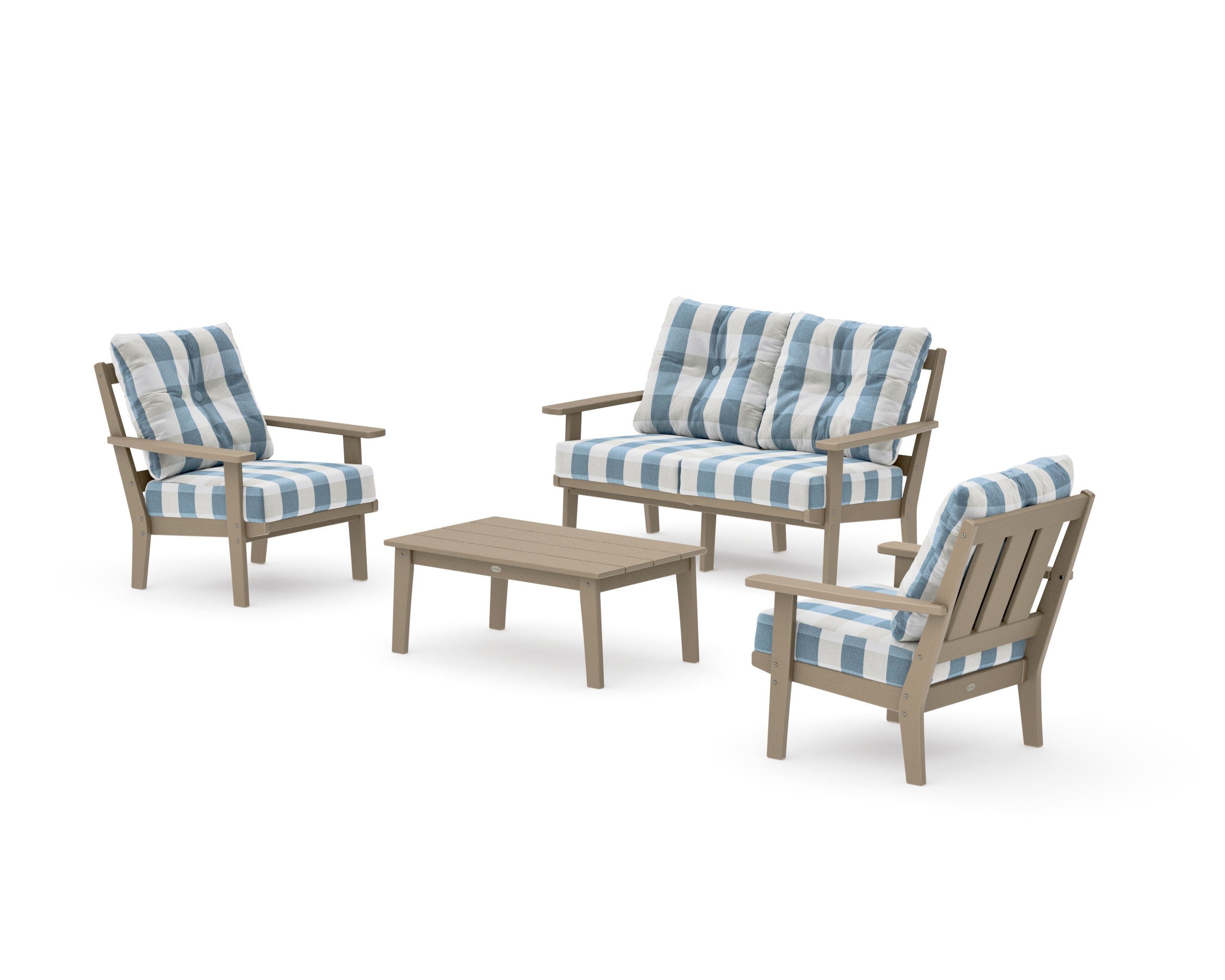 Oxford 4-Piece Deep Seating Set with Loveseat in Vintage Sahara / Buffalo Plaid Sky Blue