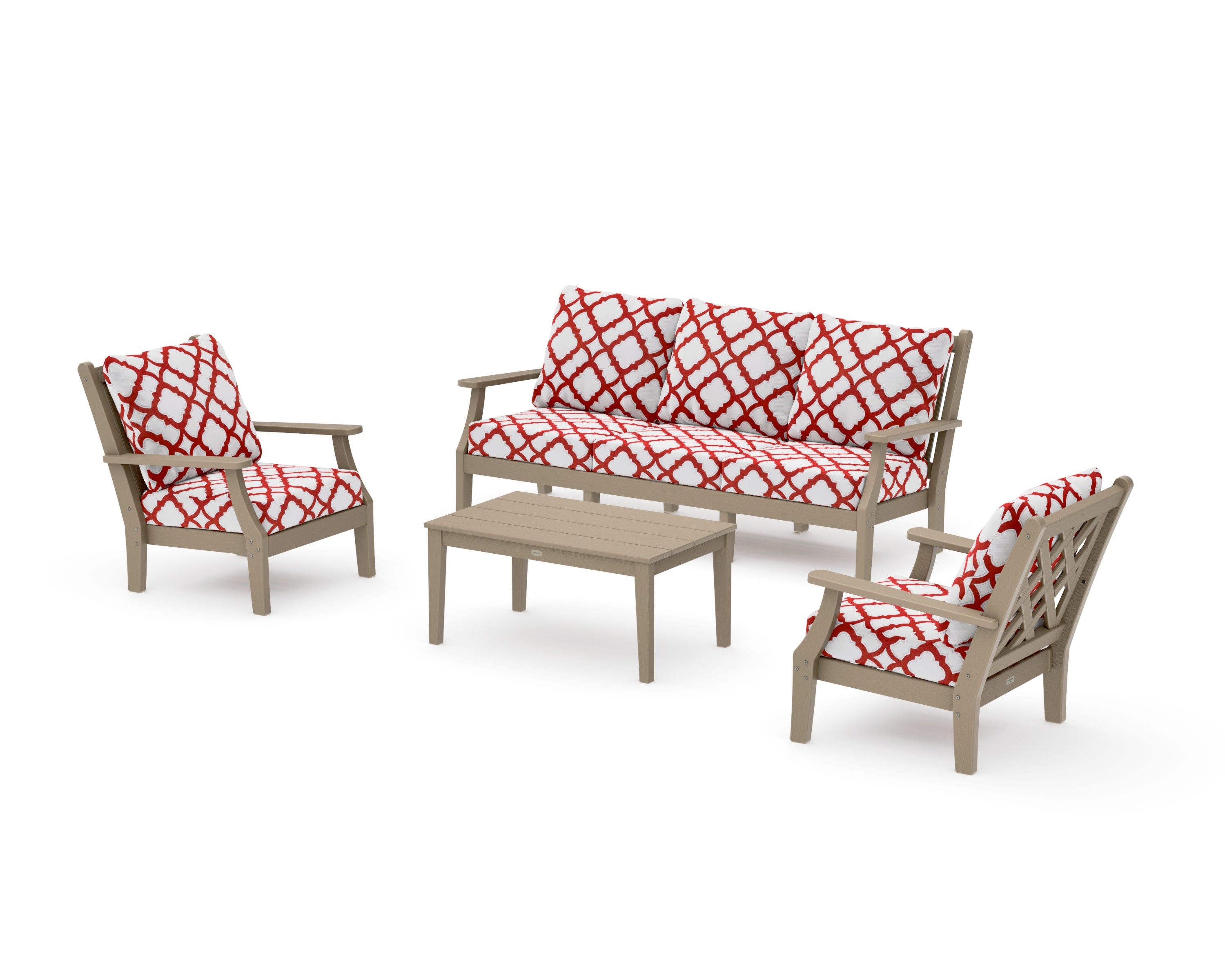 Wovendale 4-Piece Deep Seating Set with Sofa in Vintage Sahara / Trellis Crimson