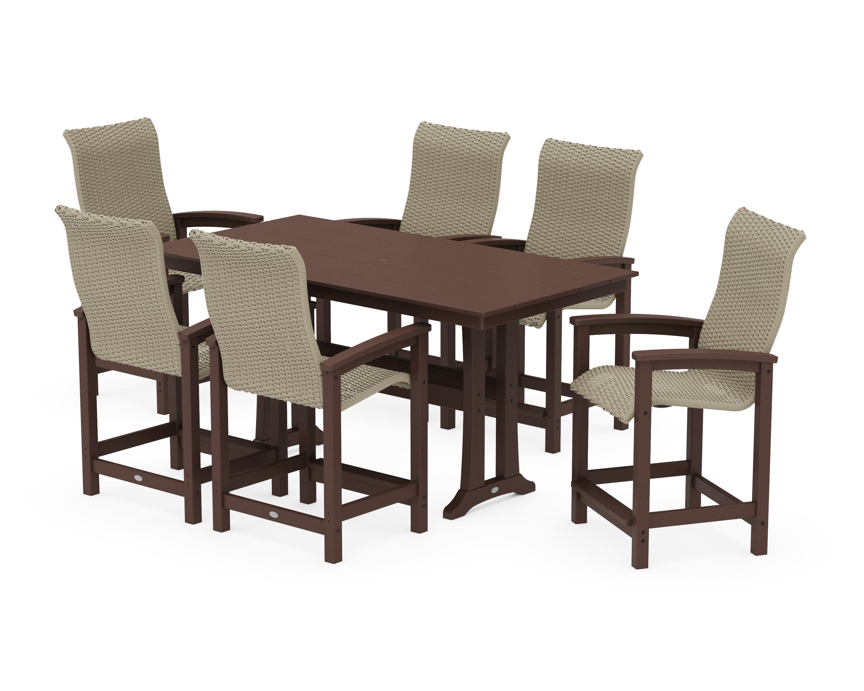 Coastal Woven High-Back Arm Chair 7-Piece Farmhouse Counter Set with Trestle Legs in Mahogany / Dune Grass