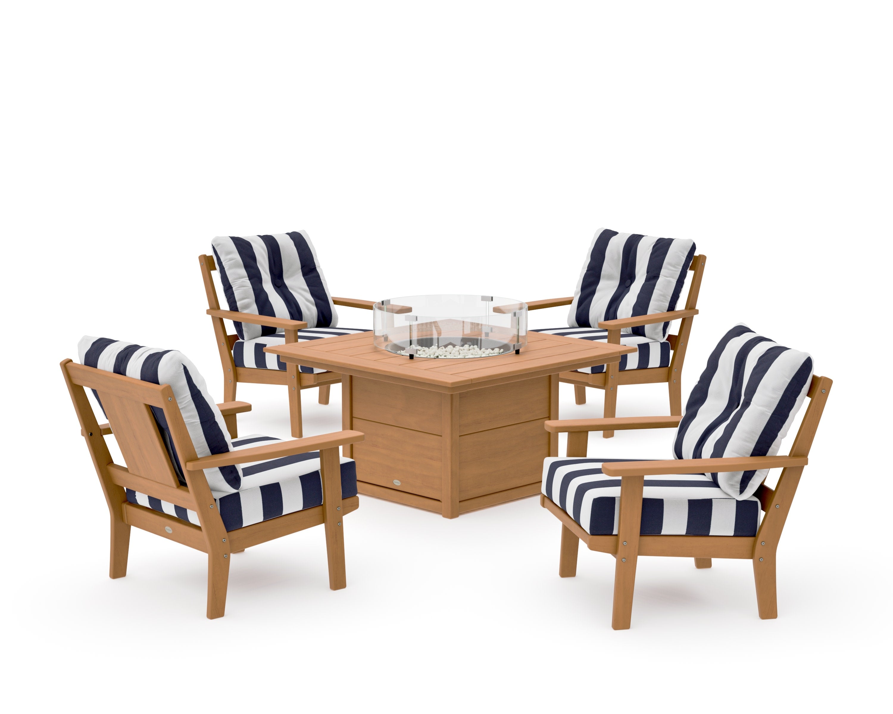 Prairie 5-Piece Deep Seating Set with Fire Pit Table in Natural / Cabana Stripe Navy