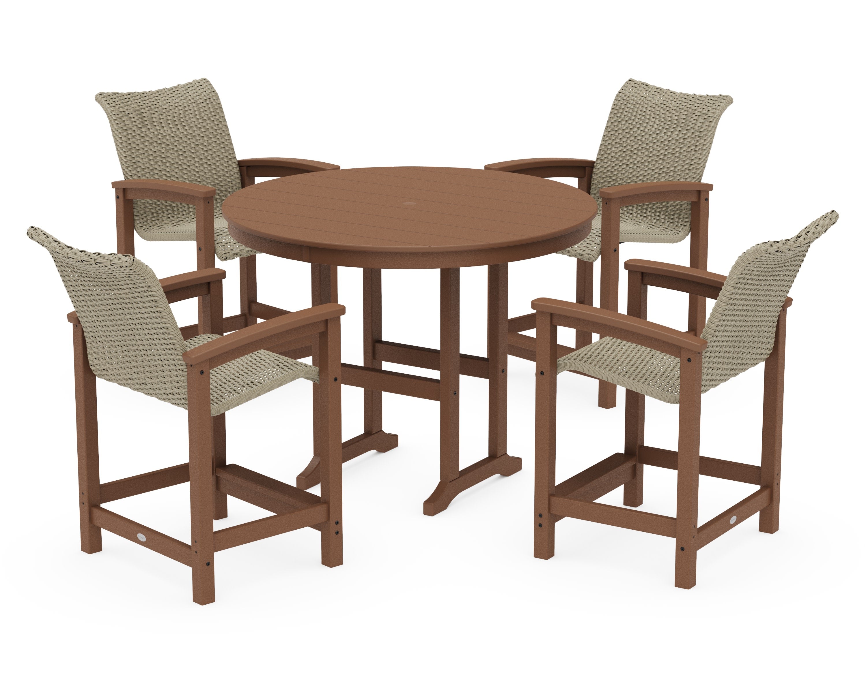 Coastal Woven 5-Piece Round Farmhouse Counter Set in Teak / Dune Grass