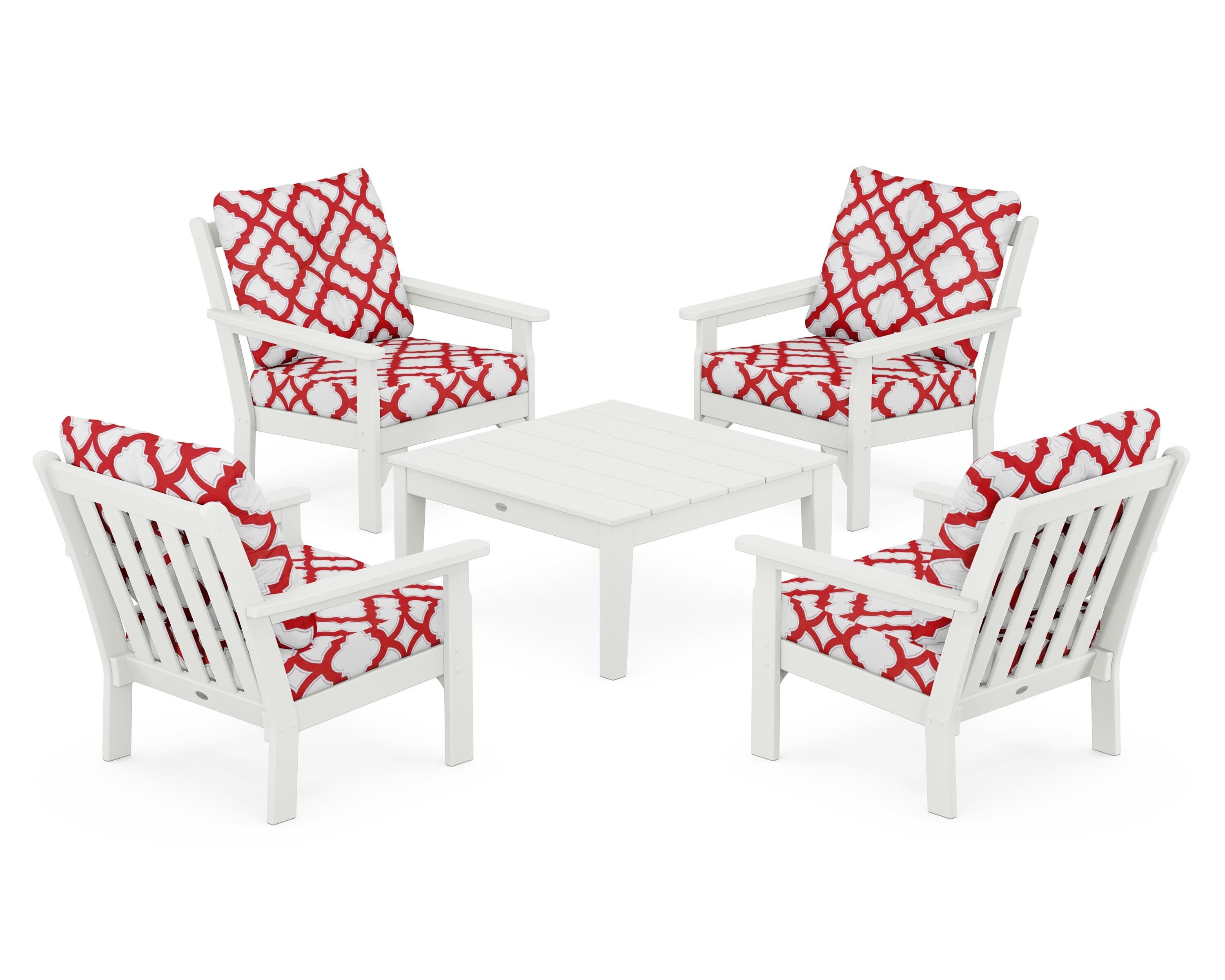 Vineyard 5-Piece Deep Seating Conversation Set in Vintage White / Trellis Crimson