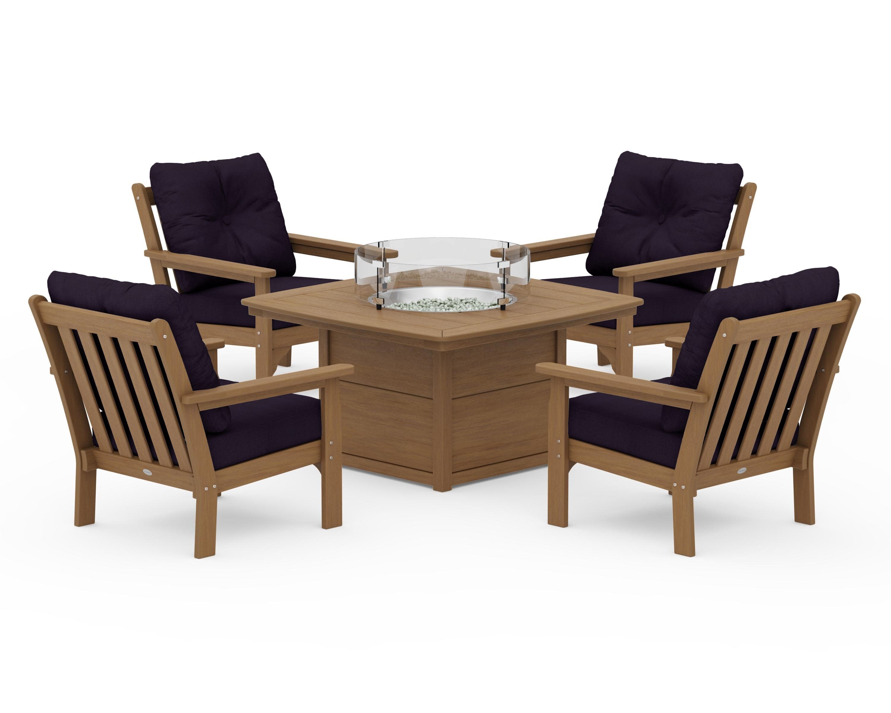 Vineyard 5-Piece Conversation Set with Fire Pit Table in Natural / Navy Linen