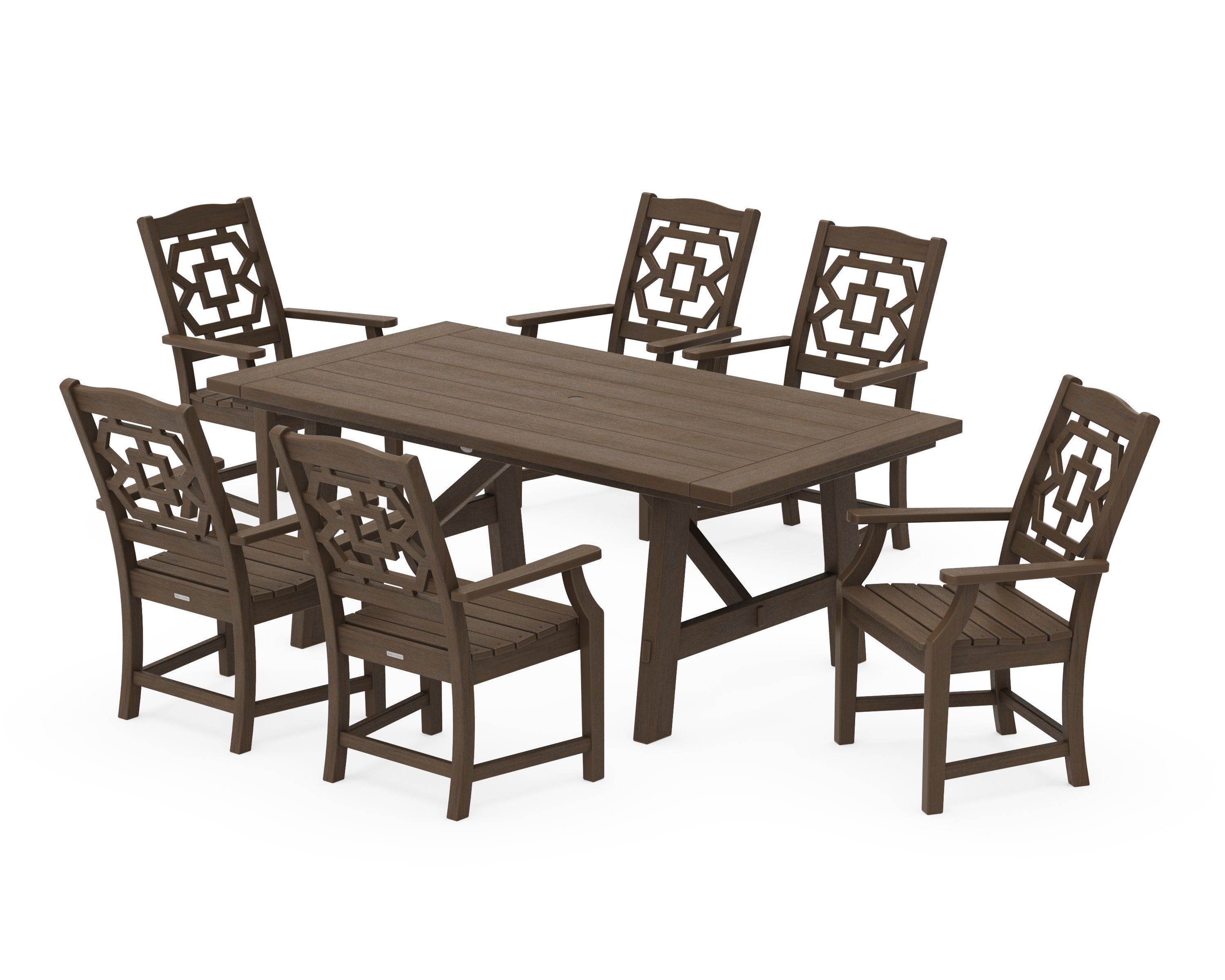 Chinoiserie Arm Chair 7-Piece Rustic Farmhouse Dining Set in Kona