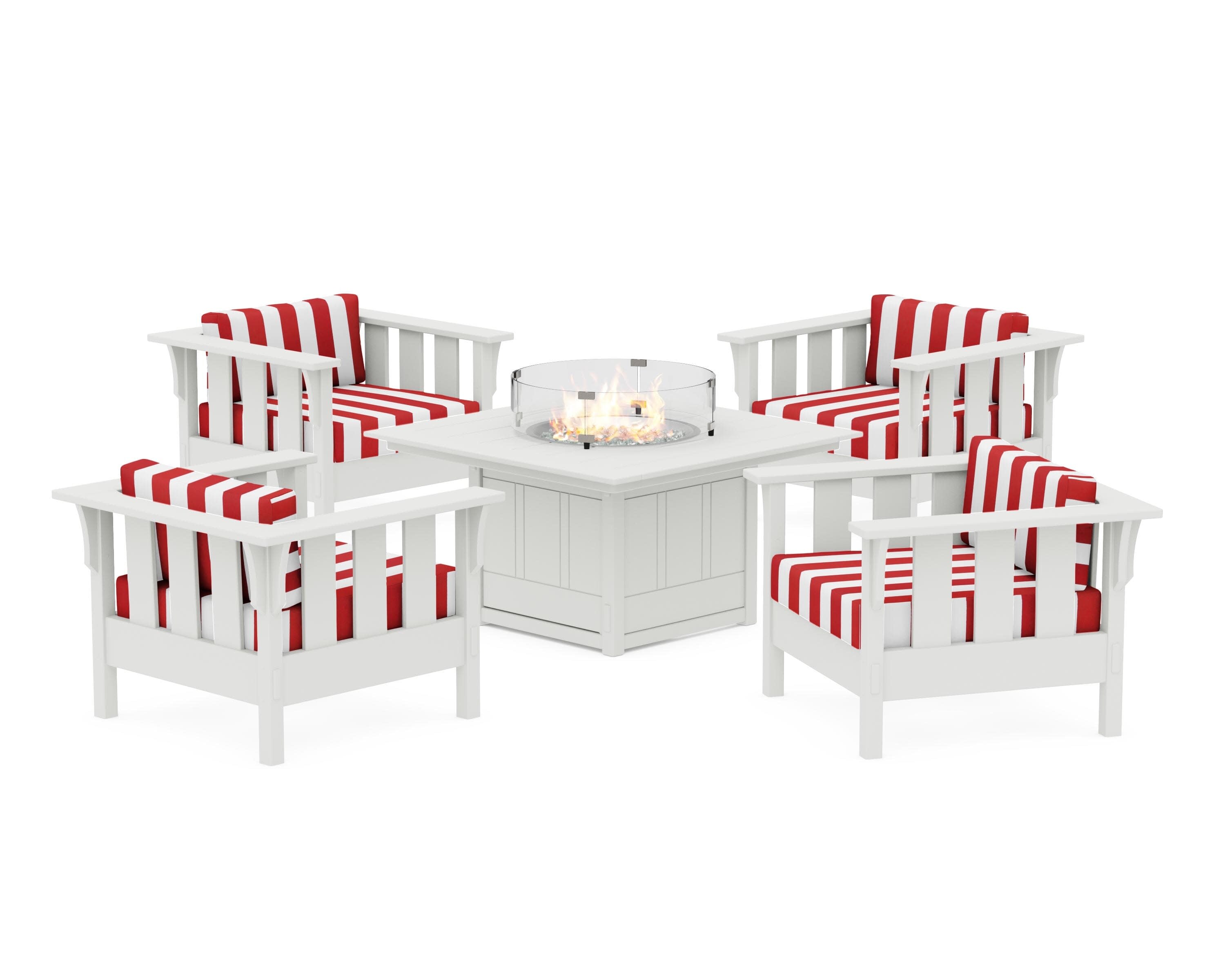 Acadia 5-Piece Deep Seating Set with Fire Pit Table in White / Cabana Stripe Crimson