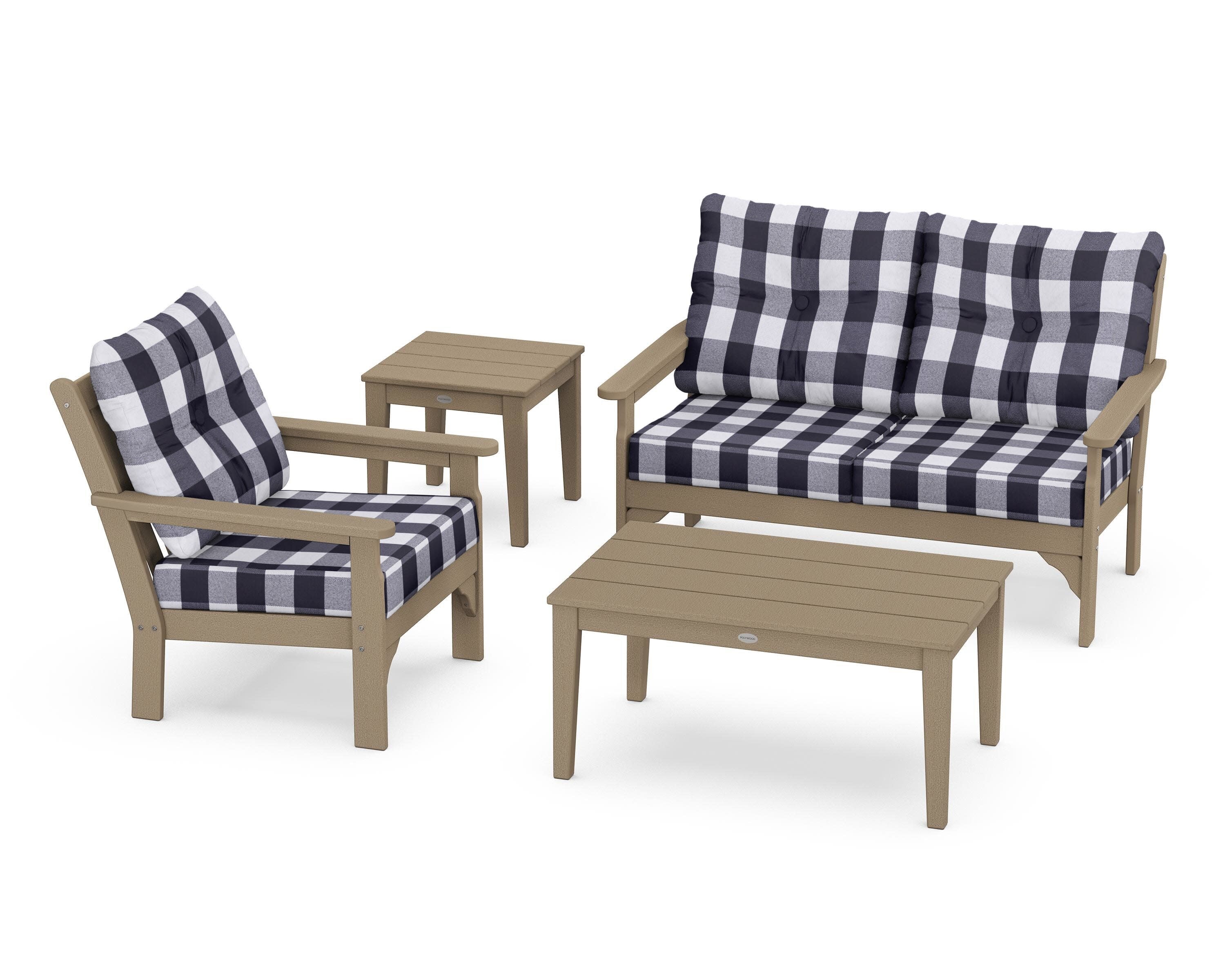 Vineyard 4-Piece Deep Seating Set in Vintage Sahara / Buffalo Plaid Navy
