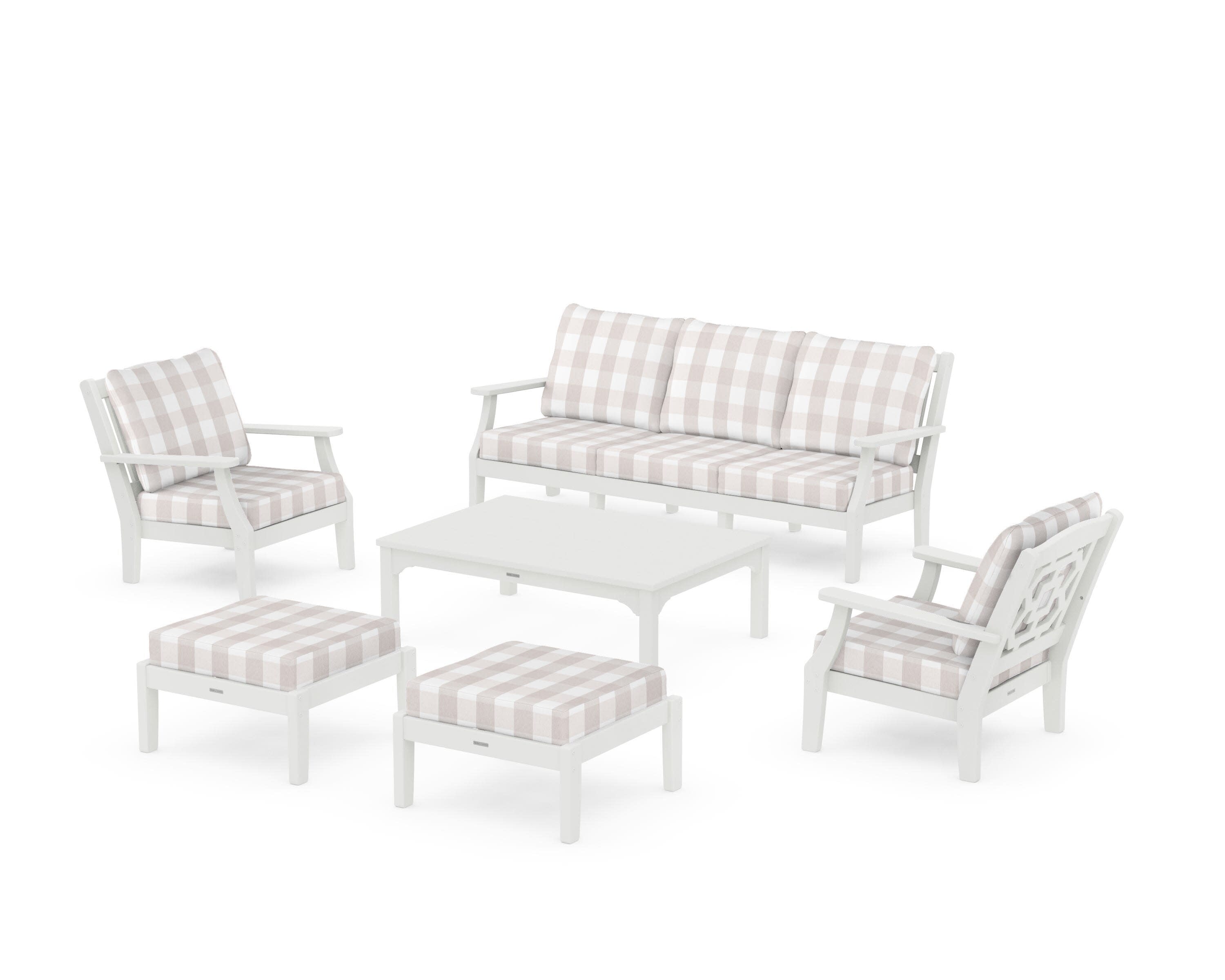 Chinoiserie 6-Piece Lounge Sofa Set in Vintage White / Buffalo Plaid Dune Burlap