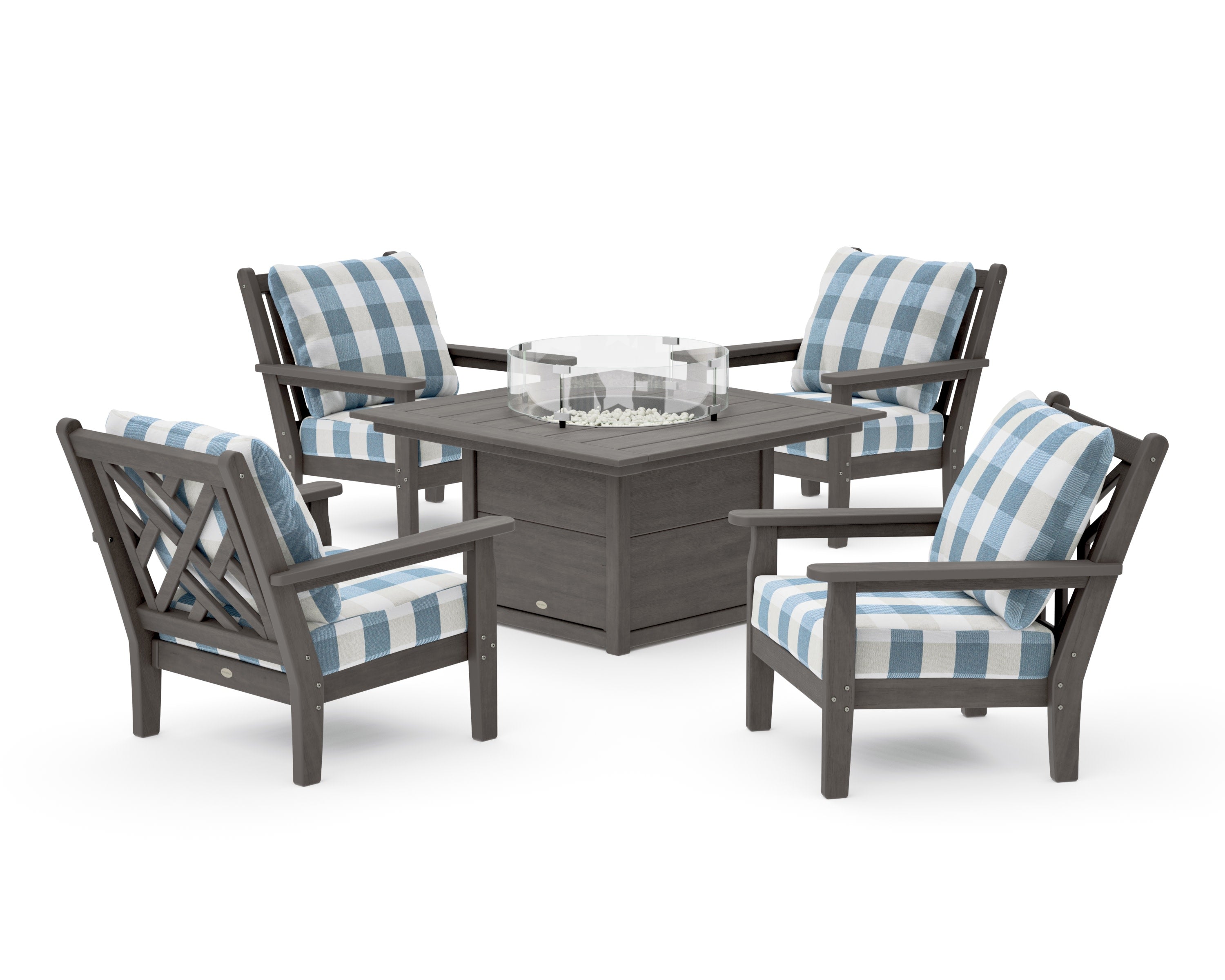 Chippendale 5-Piece Deep Seating Set with Fire Pit Table in Driftwood / Buffalo Plaid Sky Blue