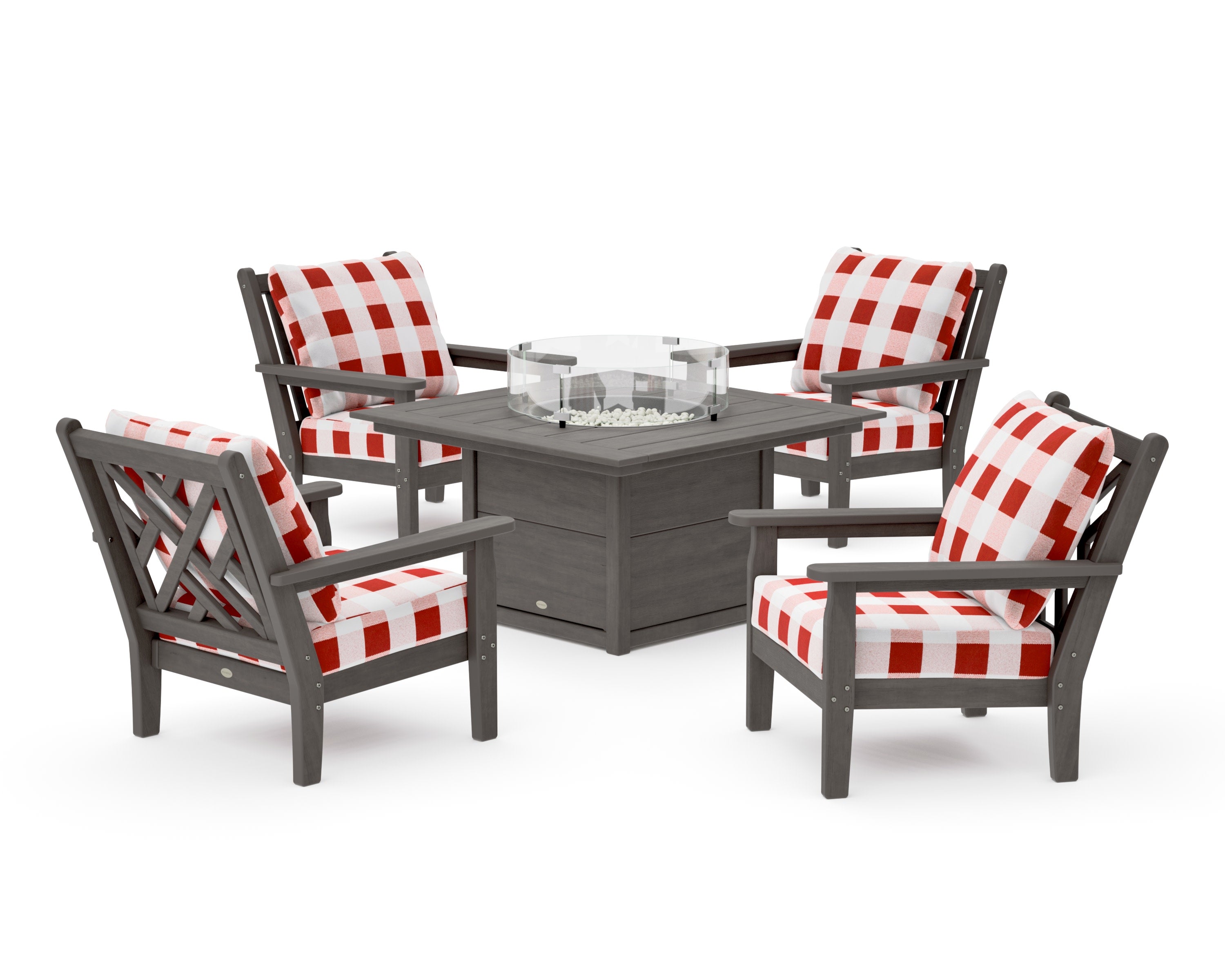 Chippendale 5-Piece Deep Seating Set with Fire Pit Table in Driftwood / Buffalo Plaid Crimson