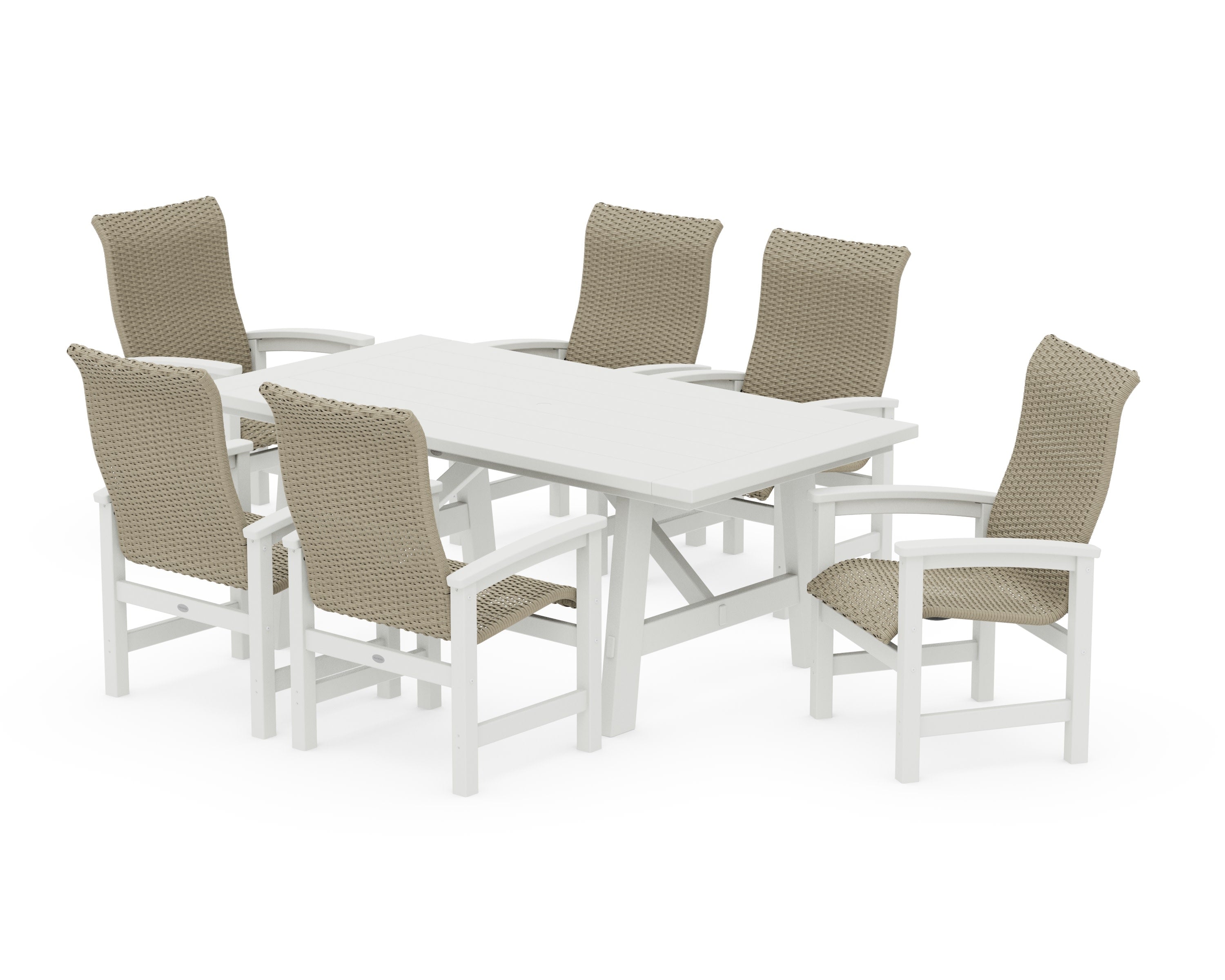 Coastal Woven High-Back Arm Chair 7-Piece Rustic Farmhouse Dining Set in White / Dune Grass