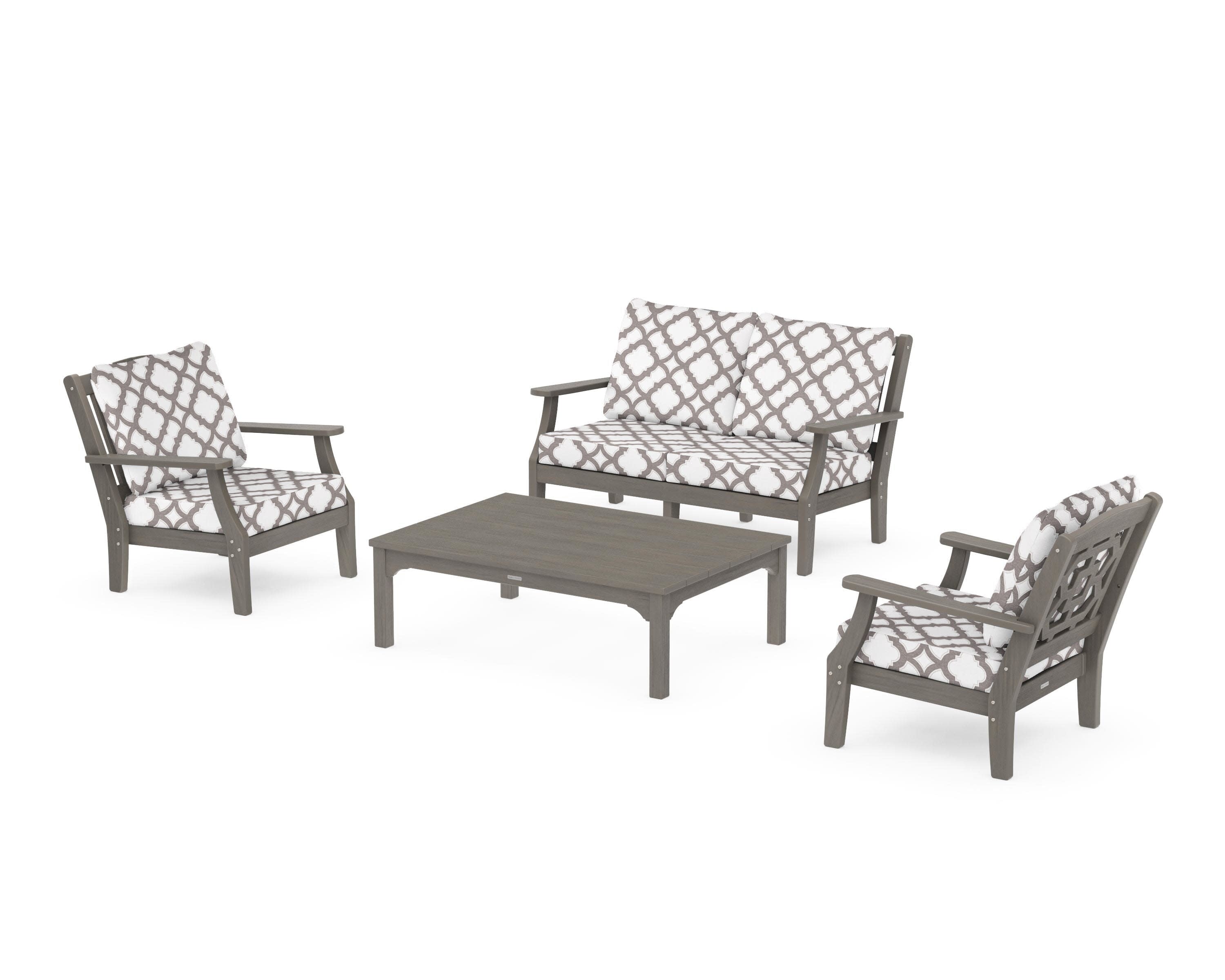 Chinoiserie 4-Piece Deep Seating Set with Loveseat in Driftwood / Trellis Grey Mist